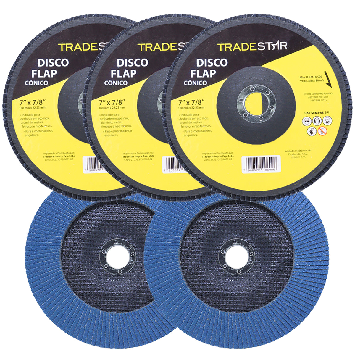 Kit com 5 discos de lixa flap Tradestar 7 polegadas grão 50 para lixadeira, ideal para desbaste em aço inox, alumínio e metais ferrosos. Ferramenta para uso em esmerilhadeiras angulares, proporcionando acabamento uniforme e durabilidade superior.