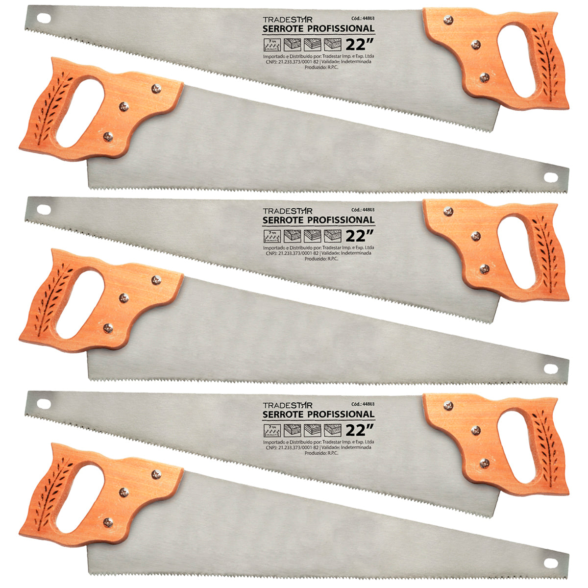 Kit com 6 serrotes profissionais Tradestar de 22 polegadas com cabo de madeira resistente. Ferramenta ideal para cortes precisos em madeira, indicada para carpinteiros, marceneiros e projetos de bricolagem. Lâmina afiada e durável, com design ergonômico para maior conforto e segurança.