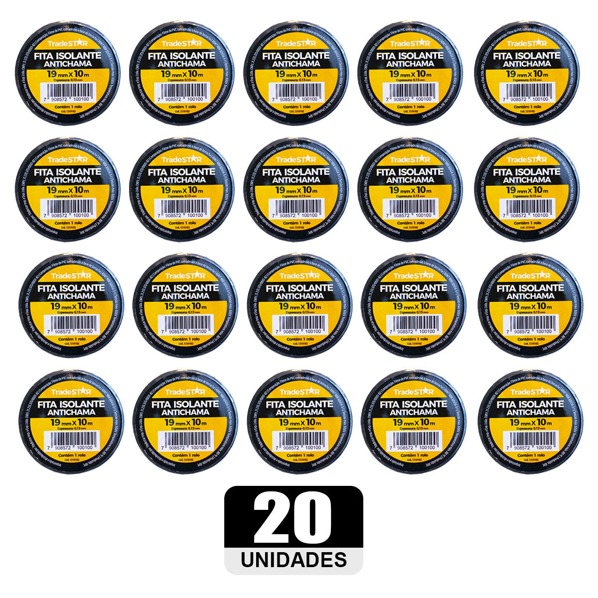 Kit com 20 rolos de fita isolante antichama preta Tradestar, 19mm x 10m, ideal para isolamento elétrico, proteção de fios e cabos, e marcação. Fita de PVC de alta qualidade, resistente a até 80°C e com isolamento de até 600V. Perfeita para projetos elétricos e organização.