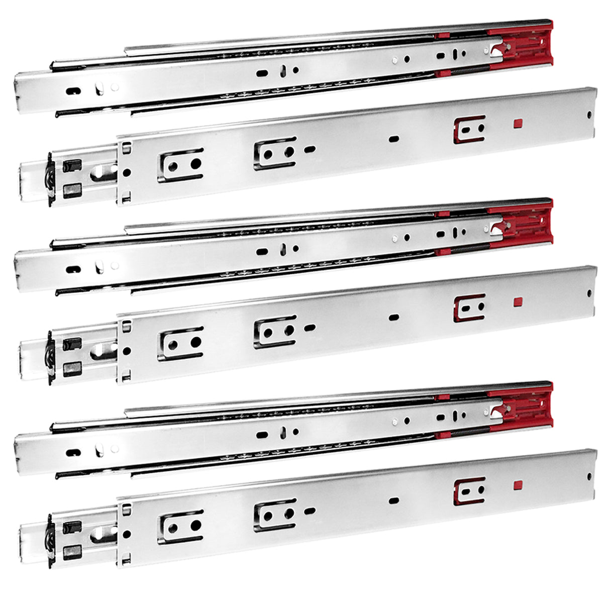 Kit 3 pares de corrediças telescópicas em aço inox 304 com amortecedor e fechamento suave de 50cm. Ideal para gavetas, oferecendo durabilidade, fácil instalação e capacidade de carga de 25kg. Perfeito para móveis.