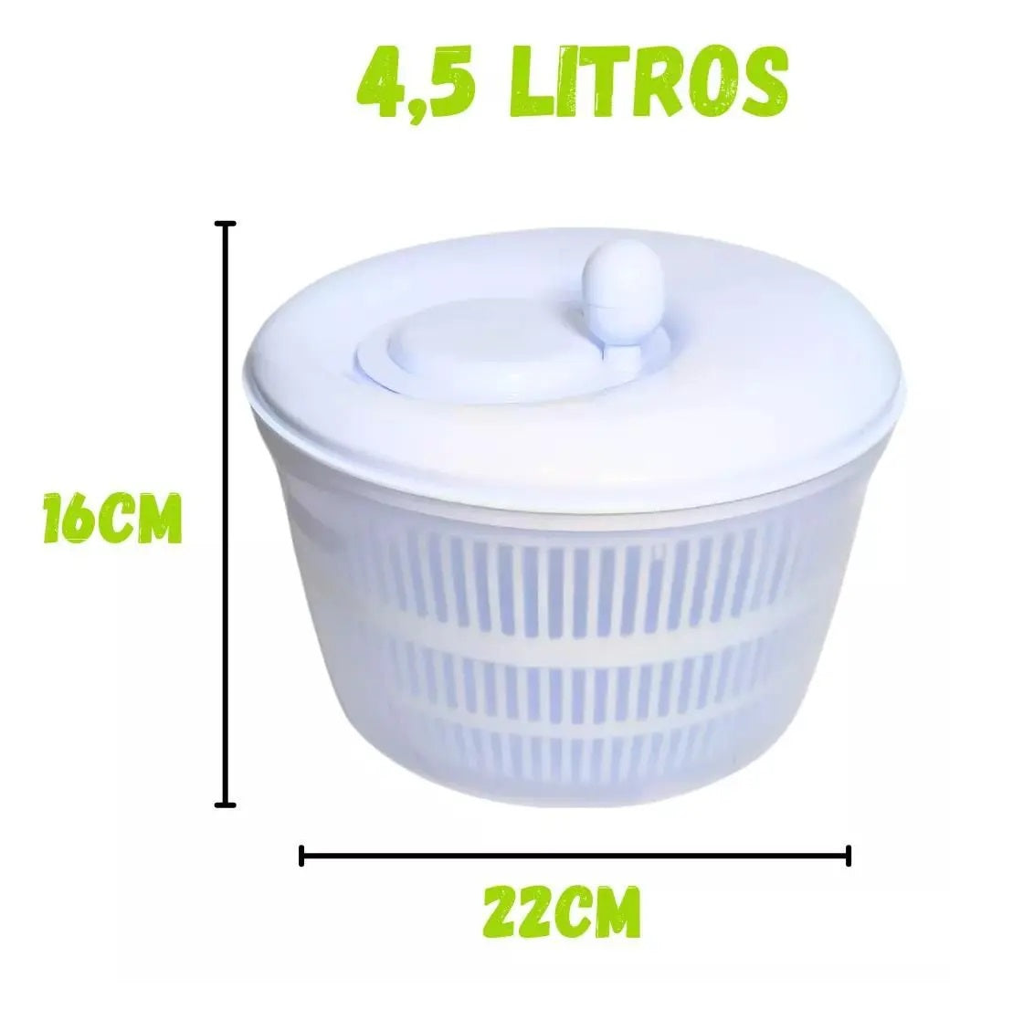 Secador de salada, legumes e verduras centrífuga 4,5 litros branco com medidas de 22cm x 16cm, ideal para cozinha, mantendo alimentos frescos e crocantes.