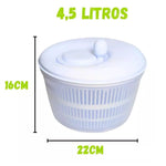 Secador de salada, legumes e verduras centrífuga 4,5 litros branco com medidas de 22cm x 16cm, ideal para cozinha, mantendo alimentos frescos e crocantes.