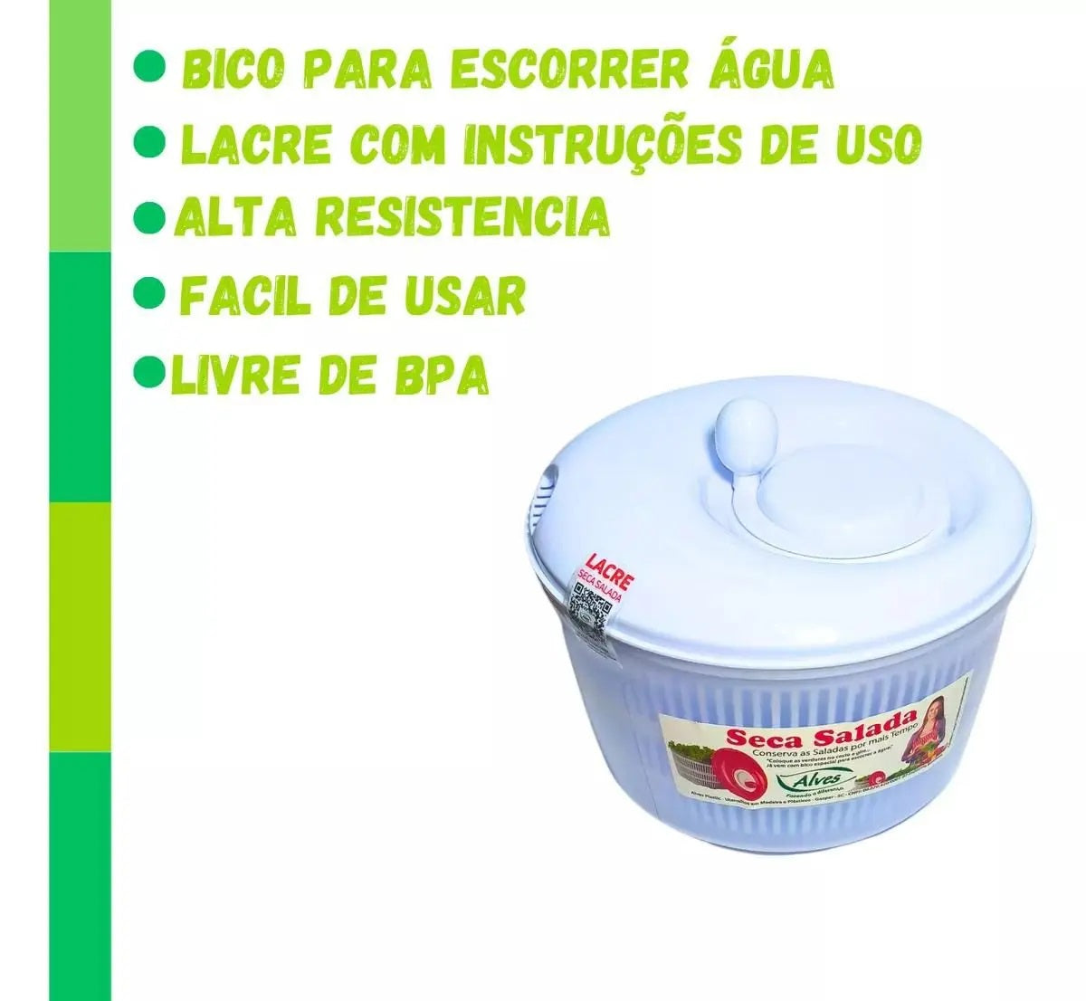 Secador de salada centrífuga 4,5L branco com tampa e manivela, ideal para secar legumes e verduras. Possui bico para escorrer água, lacre com instruções de uso, alta resistência, fácil de usar e livre de BPA. Produto Alves.