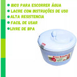 Secador de salada centrífuga 4,5L branco com tampa e manivela, ideal para secar legumes e verduras. Possui bico para escorrer água, lacre com instruções de uso, alta resistência, fácil de usar e livre de BPA. Produto Alves.