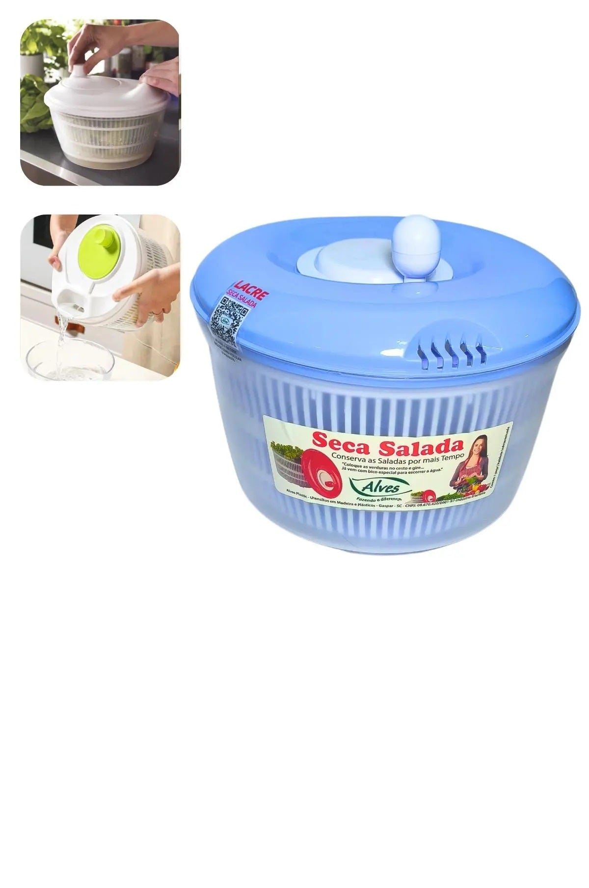 Secador de salada 4,5L manual em plástico branco, ideal para secar legumes e verduras na cozinha. Centrífuga com manivela para facilitar o uso e manter as saladas frescas e crocantes. Utensílio de cozinha prático e eficiente.
