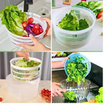 Secador de salada 4,5L azul com centrífuga para legumes e verduras. Utensílio de cozinha prático e eficiente para secar folhas e vegetais, mantendo-os frescos e crocantes. Possui design compacto, fácil de usar e limpar. Ideal para preparar saladas e outros pratos com ingredientes frescos.
