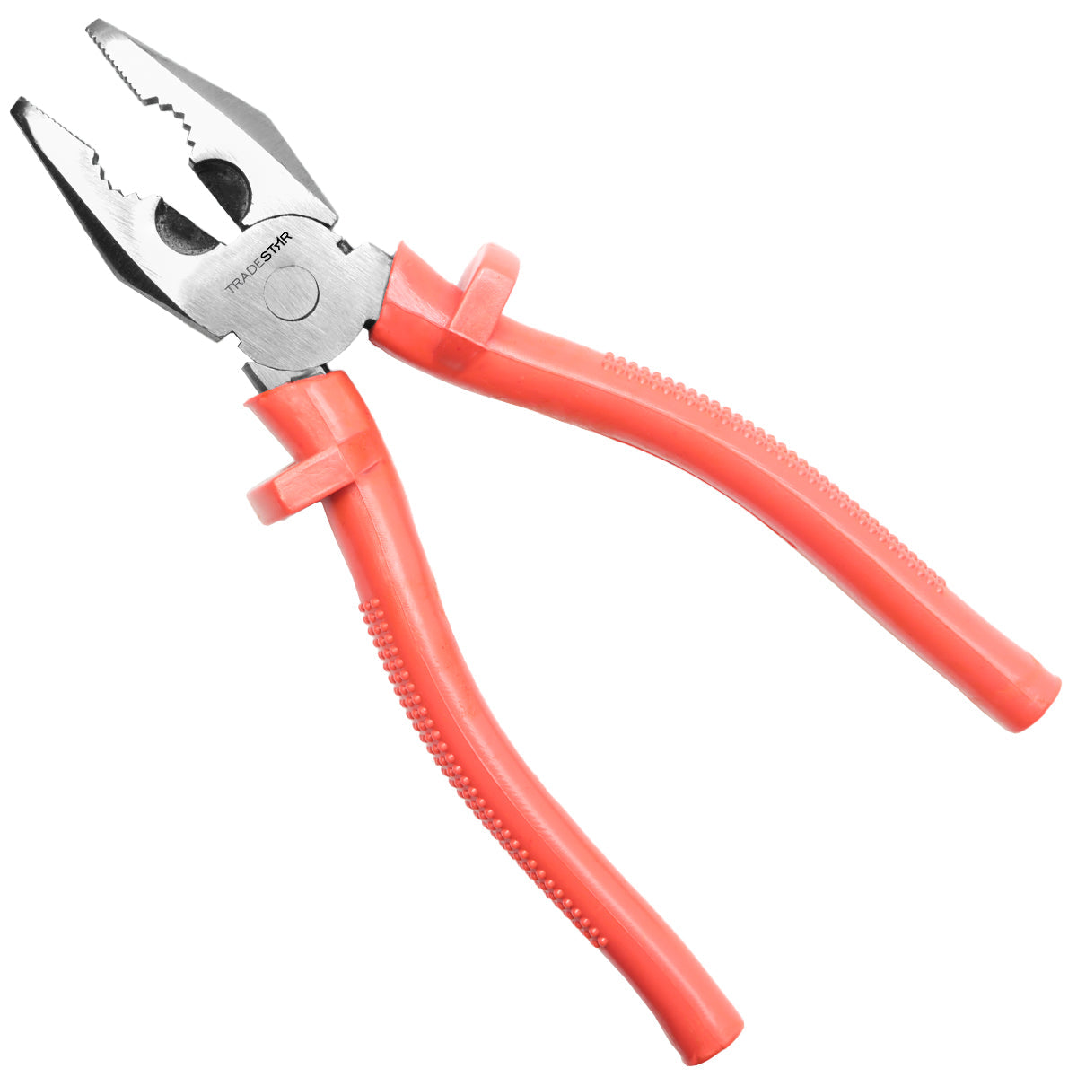 Kit com 10 alicates universais de 8 polegadas Tradestar, feitos de aço carbono forjado com cabo em PVC reforçado na cor laranja. Ferramenta ideal para trabalhos manuais, cortar, segurar, torcer e dobrar materiais. Kit atacado com envio imediato e garantia.