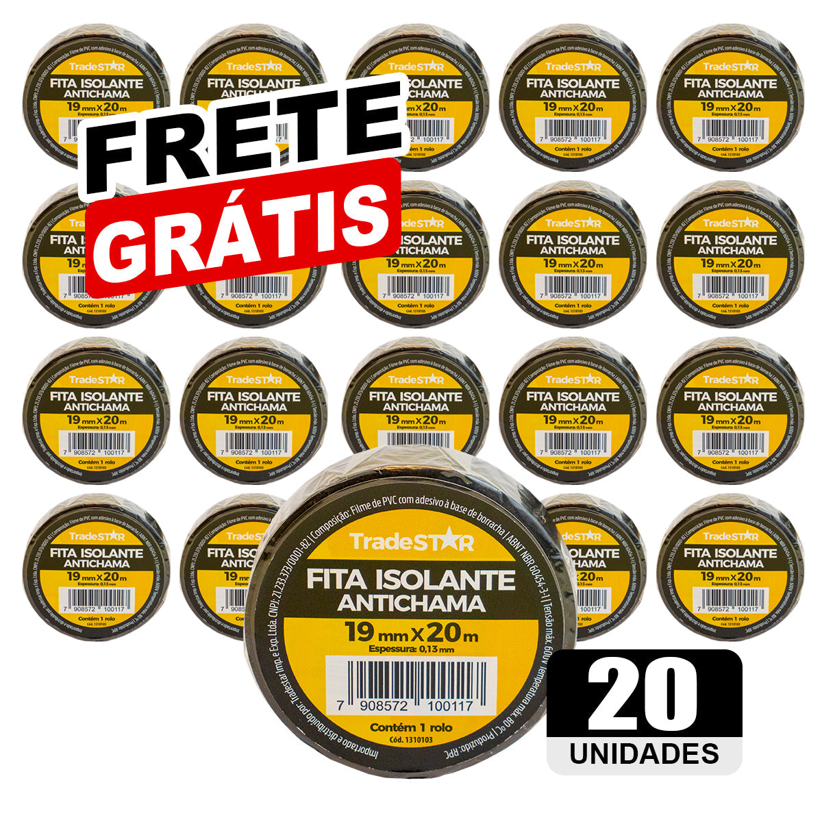 Kit com 20 rolos de fita isolante antichama preta Tradestar 19mm x 20m, ideal para isolamento elétrico, proteção de fios e cabos, com frete grátis.