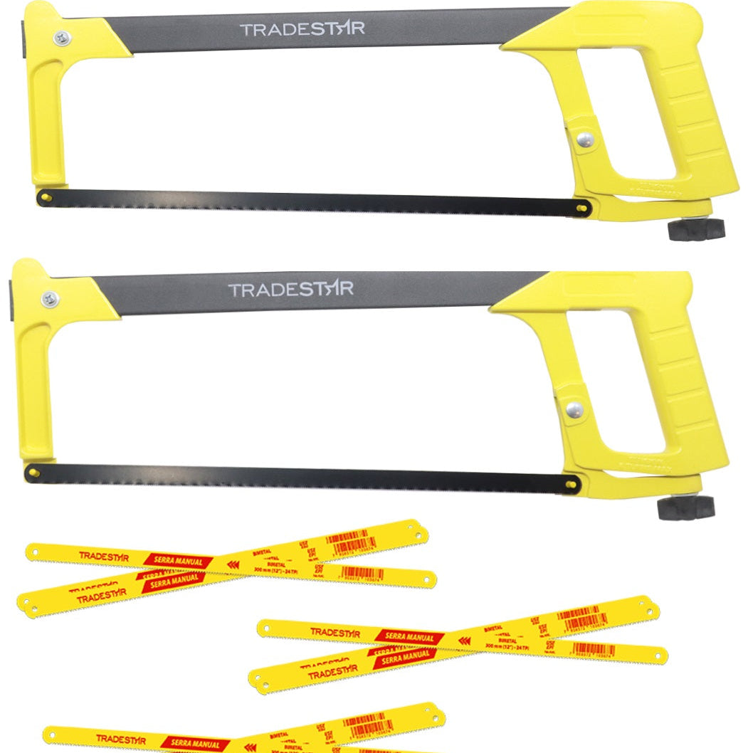 Kit 2 Arcos de Serra Pro 12 Polegadas Tradestar com 10 Lâminas BiMetal 30mm - Ferramenta profissional para corte de metal, ideal para serralheria, manutenção e indústria. Arco de serra resistente com lâminas afiadas para cortes precisos e eficientes.