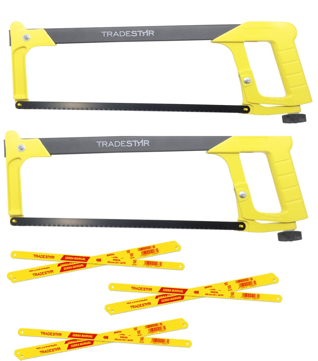 Kit 2 Arcos de Serra Pro 12 Polegadas Tradestar com 10 Lâminas BiMetal 30mm - Ferramenta profissional para corte de metal, ideal para serralheria, manutenção e indústria. Arco de serra resistente com lâminas afiadas para cortes precisos e eficientes.