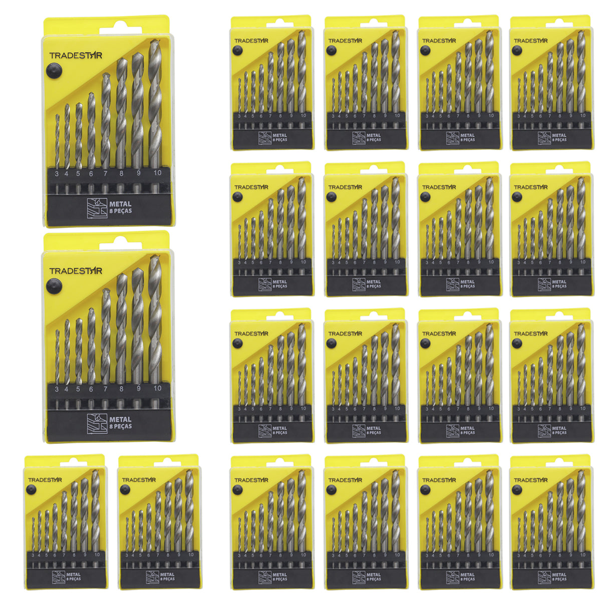 Kit com 20 jogos de brocas para metal Tradestar, cada um com 8 peças de aço rápido, tamanhos de 3mm a 10mm. Ideal para perfuração em metais, chapas e estruturas metálicas. Conjunto de brocas para uso em tornearias, residências, marcenarias, serralherias, construções e oficinas em geral.