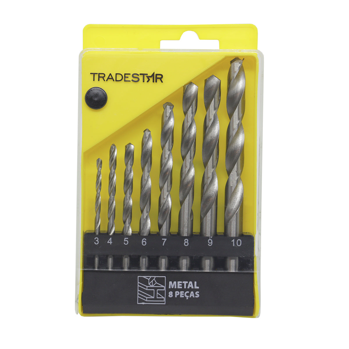 Kit de brocas para metal Tradestar com 8 peças de aço rápido, tamanhos de 3mm a 10mm, ideal para perfuração em metais, chapas e estruturas metálicas. Jogo de brocas para uso em tornearias, residências, marcenarias, serralherias, construções e oficinas em geral.