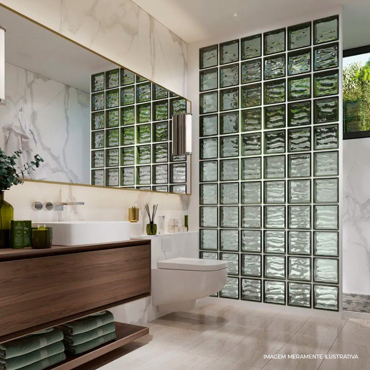 Banheiro moderno com parede de blocos de vidro Wave coloridos cinza 19x19x8, criando um ambiente elegante e com boa iluminação natural. O kit de 10 tijolos de vidro é ideal para divisórias, paredes e detalhes decorativos em projetos de design de interiores.