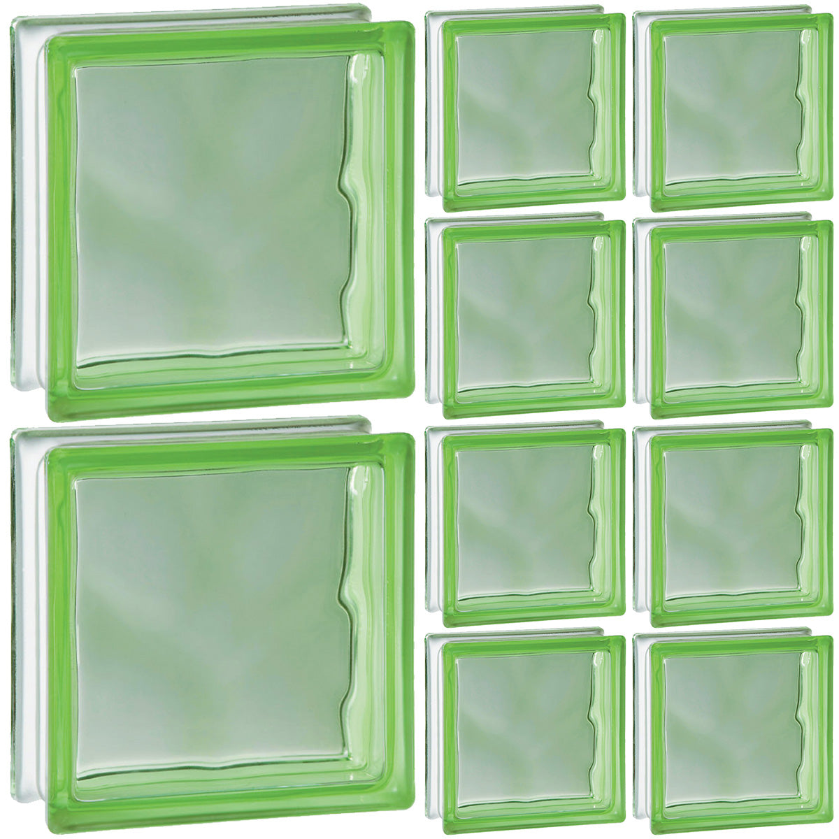 Kit 10 blocos de vidro Wave colorido verde 19x19x8cm, ideal para divisórias, paredes e decoração de ambientes internos e externos. Tijolos de vidro translúcidos que proporcionam claridade e um toque moderno ao design.