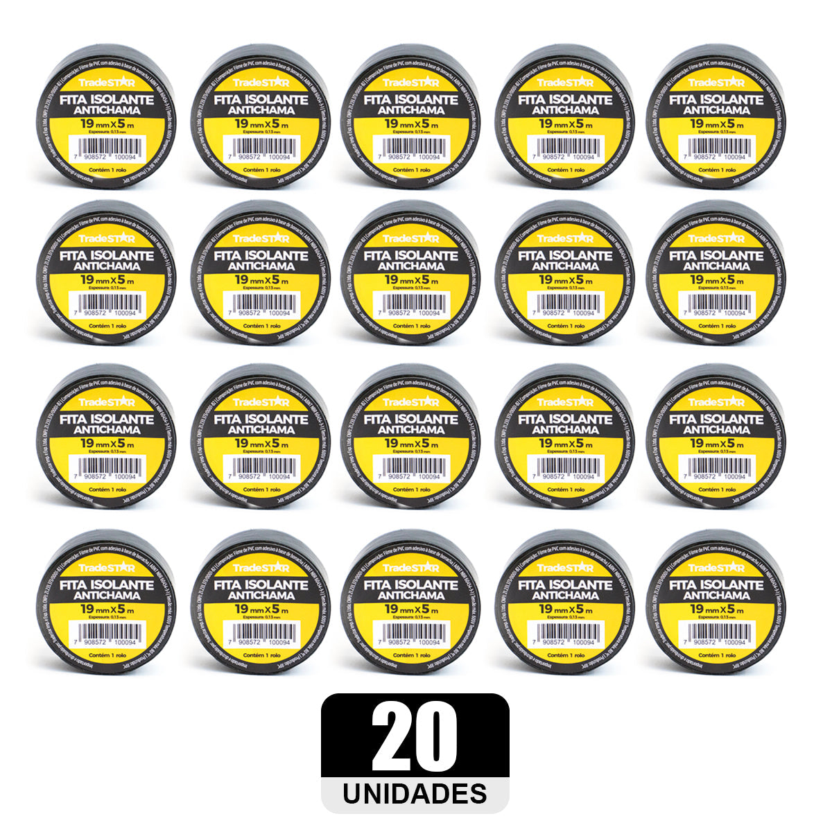 Kit com 20 rolos de fita isolante antichama preta Tradestar, 19mm x 5m, ideal para isolamento elétrico, proteção de fios e cabos, e diversas aplicações em projetos elétricos e DIY. Fita de PVC de alta resistência, durabilidade e fácil aplicação.