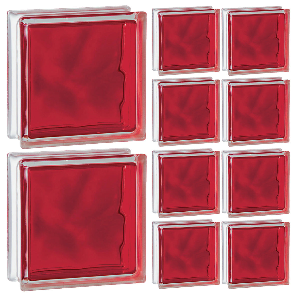 Kit 10 Tijolos Bloco de Vidro Colors 19x19x8 Vermelho - Blocos de vidro quadrados vermelhos para decoração e construção, ideais para paredes, divisórias e projetos de design de interiores e exteriores. Kit com 10 peças, pronto para entrega.