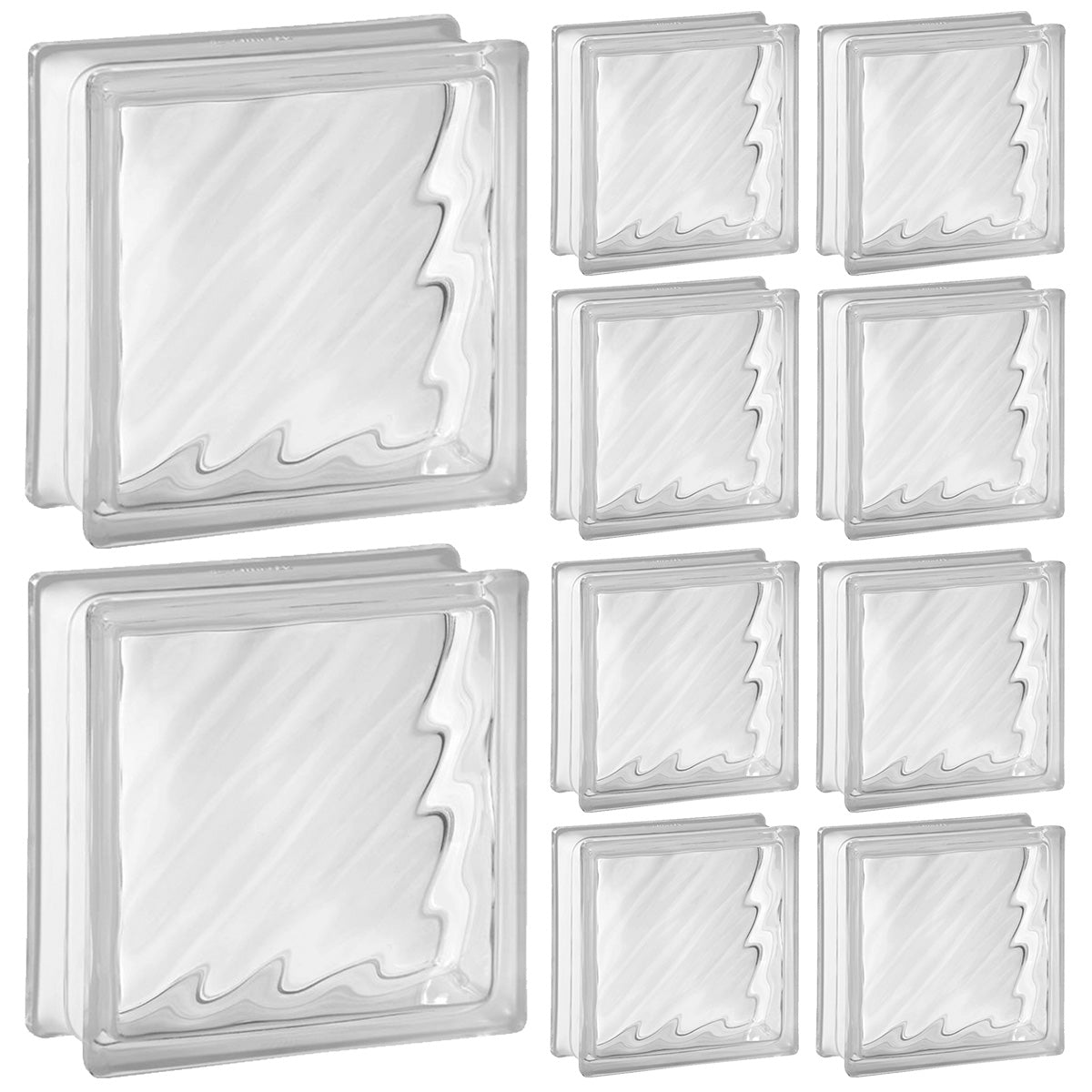 Kit 10 blocos de vidro transparente 19x19x8 cm, ideal para construção e decoração de ambientes, permitindo a passagem de luz natural e criando designs personalizados e modernos. Blocos de vidro para projetos de arquitetura e design de interiores.