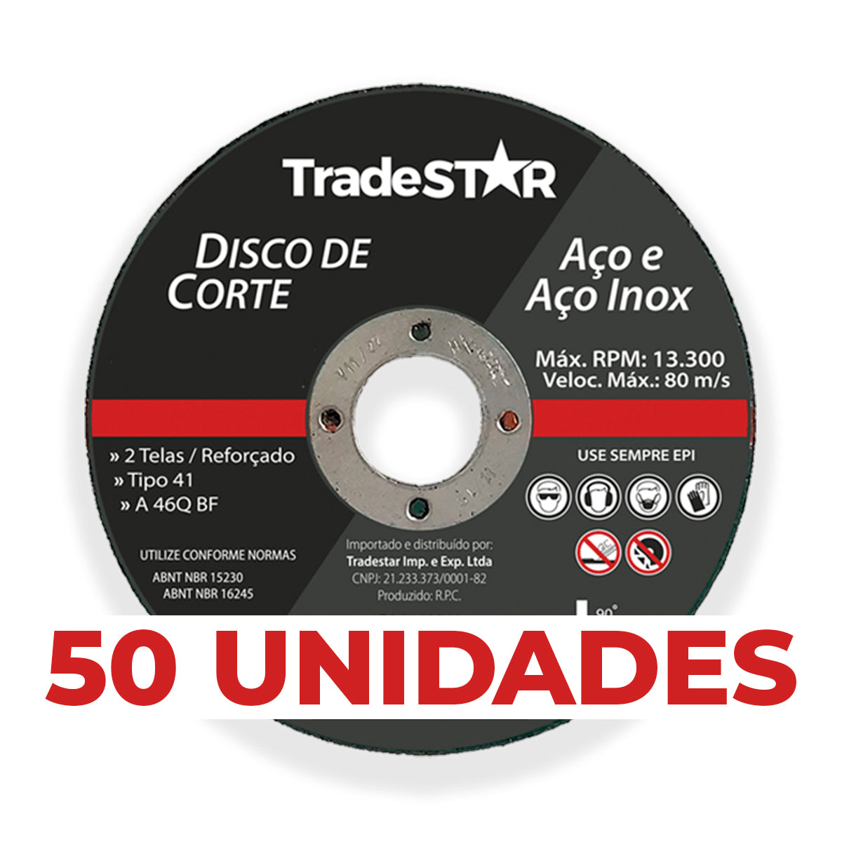 Disco de Corte Fino Inox 4.1/2 Tradestar com 50 unidades, ideal para esmerilhadeira, cortes precisos em aço e inox. Disco abrasivo reforçado para metalurgia e serralheria.