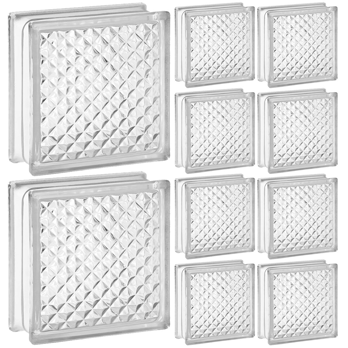 Kit com 10 blocos de vidro transparente 19x19x8 com design de mini pirâmides, ideal para decoração e construção de paredes de vidro, proporcionando elegância e iluminação natural aos ambientes.