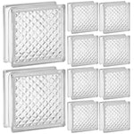 Kit com 10 blocos de vidro transparente 19x19x8 com design de mini pirâmides, ideal para decoração e construção de paredes de vidro, proporcionando elegância e iluminação natural aos ambientes.