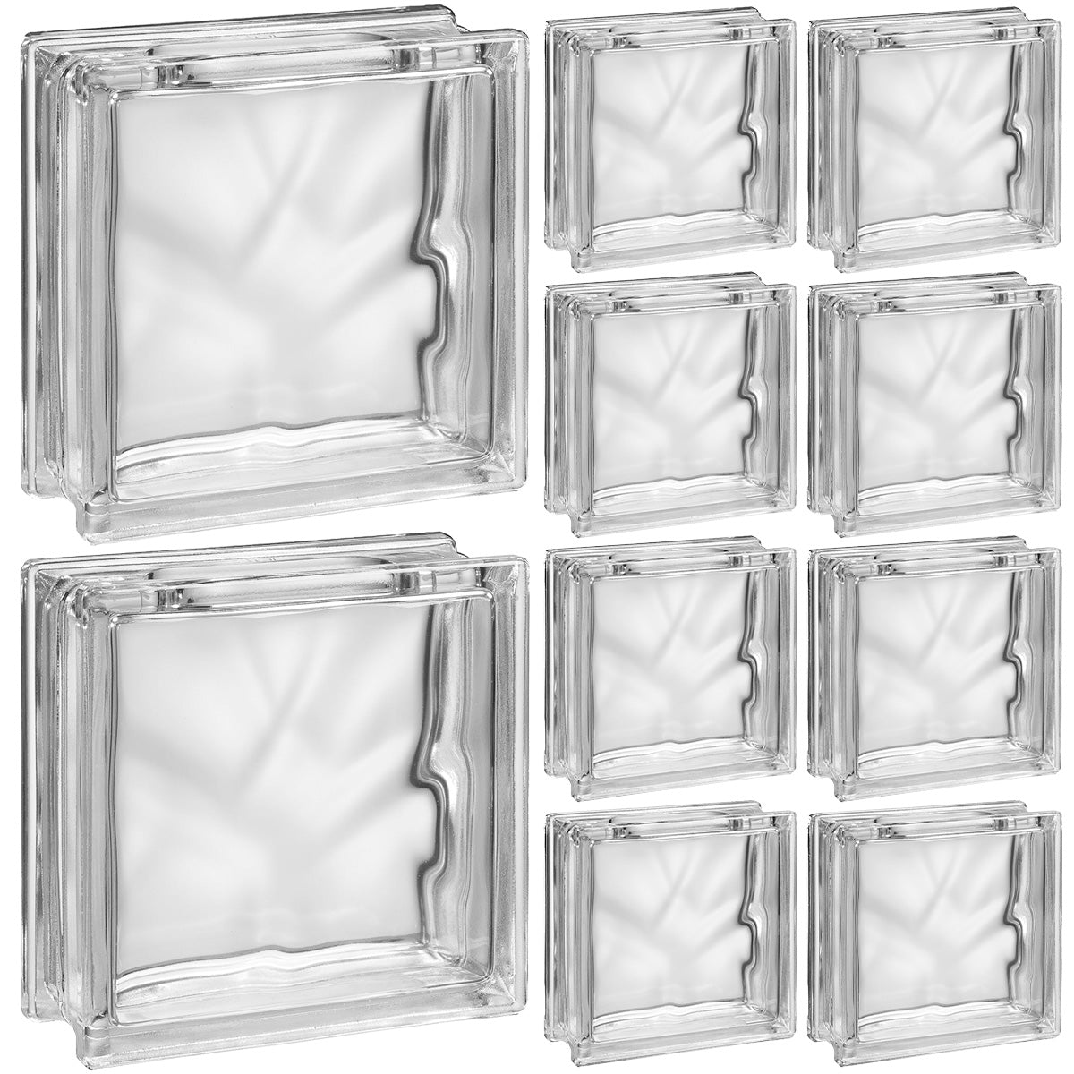 Kit 10 blocos de vidro transparente 19x19x8 com ondas, ideal para design de interiores e projetos de construção. Blocos de vidro para decoração e iluminação, proporcionando elegância e versatilidade em ambientes internos e externos.