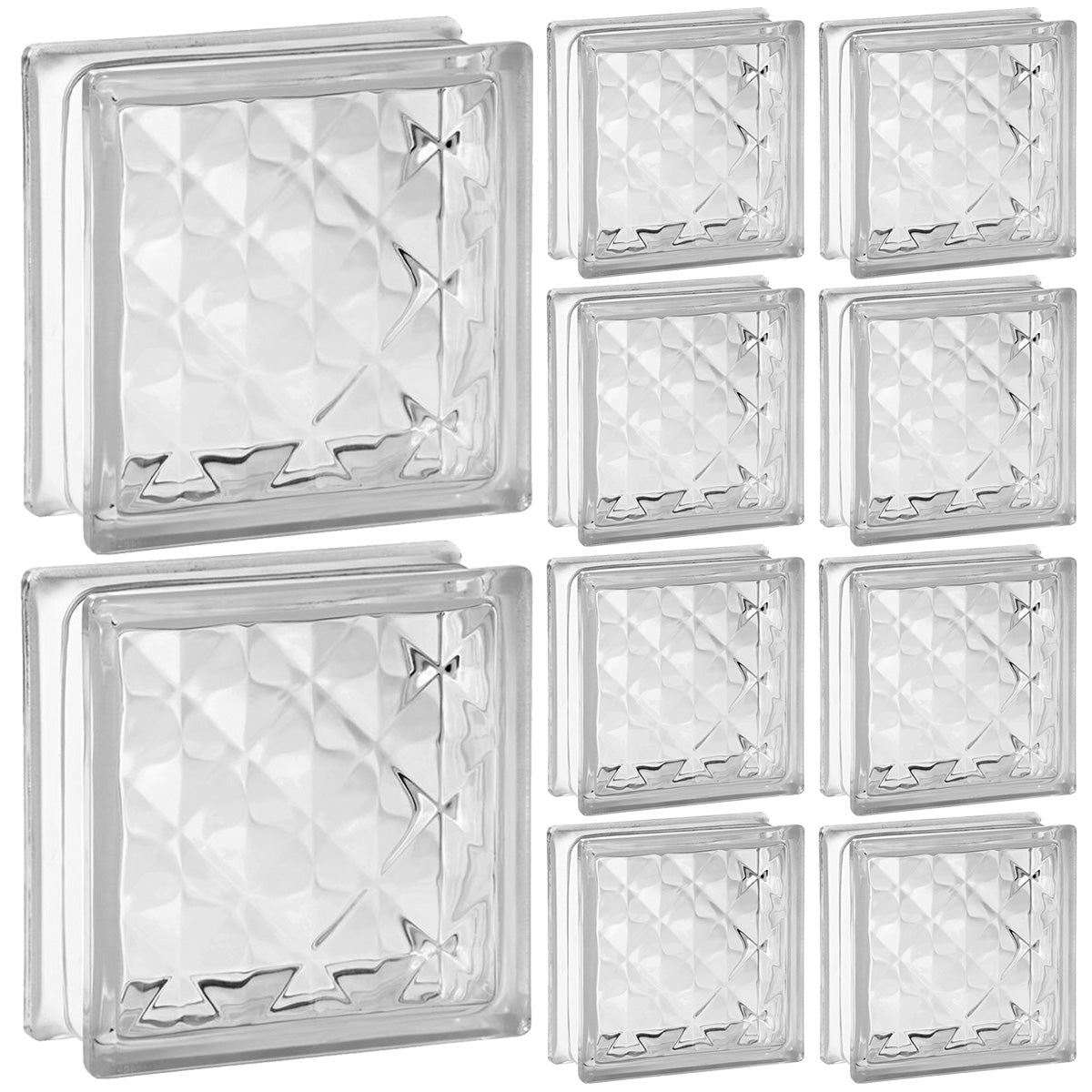 Kit 10 blocos de vidro transparente 19x19x8 Pirâmides, ideal para projetos de design de interiores e decoração. Blocos de vidro com design piramidal, proporcionando elegância e versatilidade para ambientes personalizados. Perfeito para criar padrões geométricos e efeitos de luz únicos.