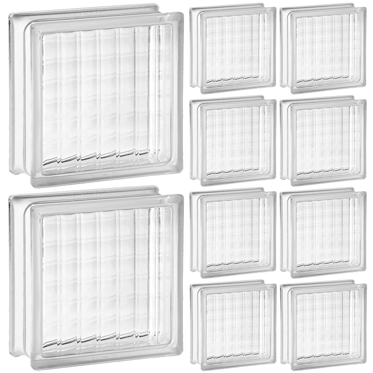 Kit 10 blocos de vidro transparente 19x19x8 com padrão xadrez, ideal para decoração e design de interiores. Blocos de vidro para construção e projetos criativos, permitindo a passagem de luz e criando ambientes personalizados.