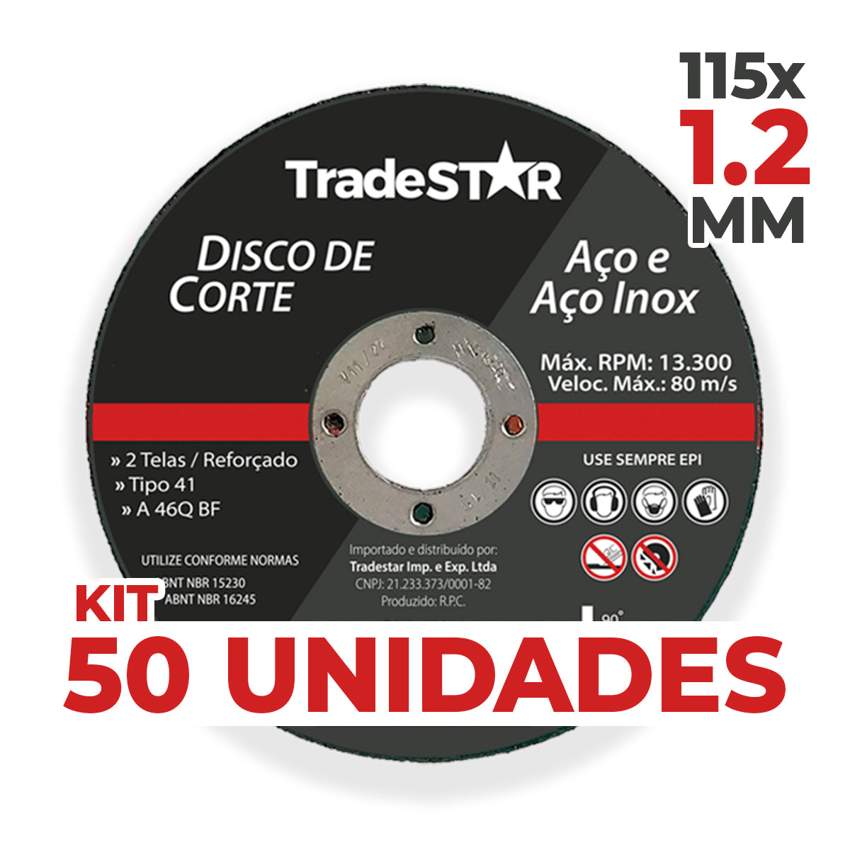 Disco de Corte Fino Inox 4.1/2 x 1,2 mm Tradestar - Kit com 50 unidades, ideal para esmerilhadeira, cortes precisos em aço inox e outros metais. Disco abrasivo reforçado para uso profissional e DIY.