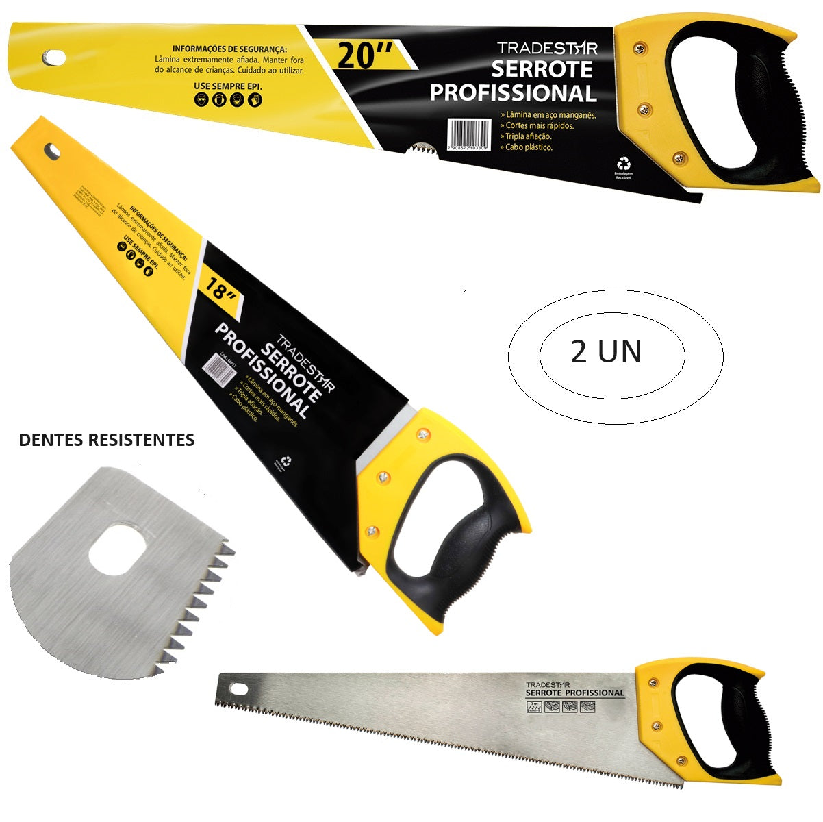 Kit 2 serrotes para madeira Tradestar, 18 e 20 polegadas, cabo emborrachado, lâmina em aço manganês, tripla afiação, cortes rápidos. Ferramenta profissional para marcenaria e construção.