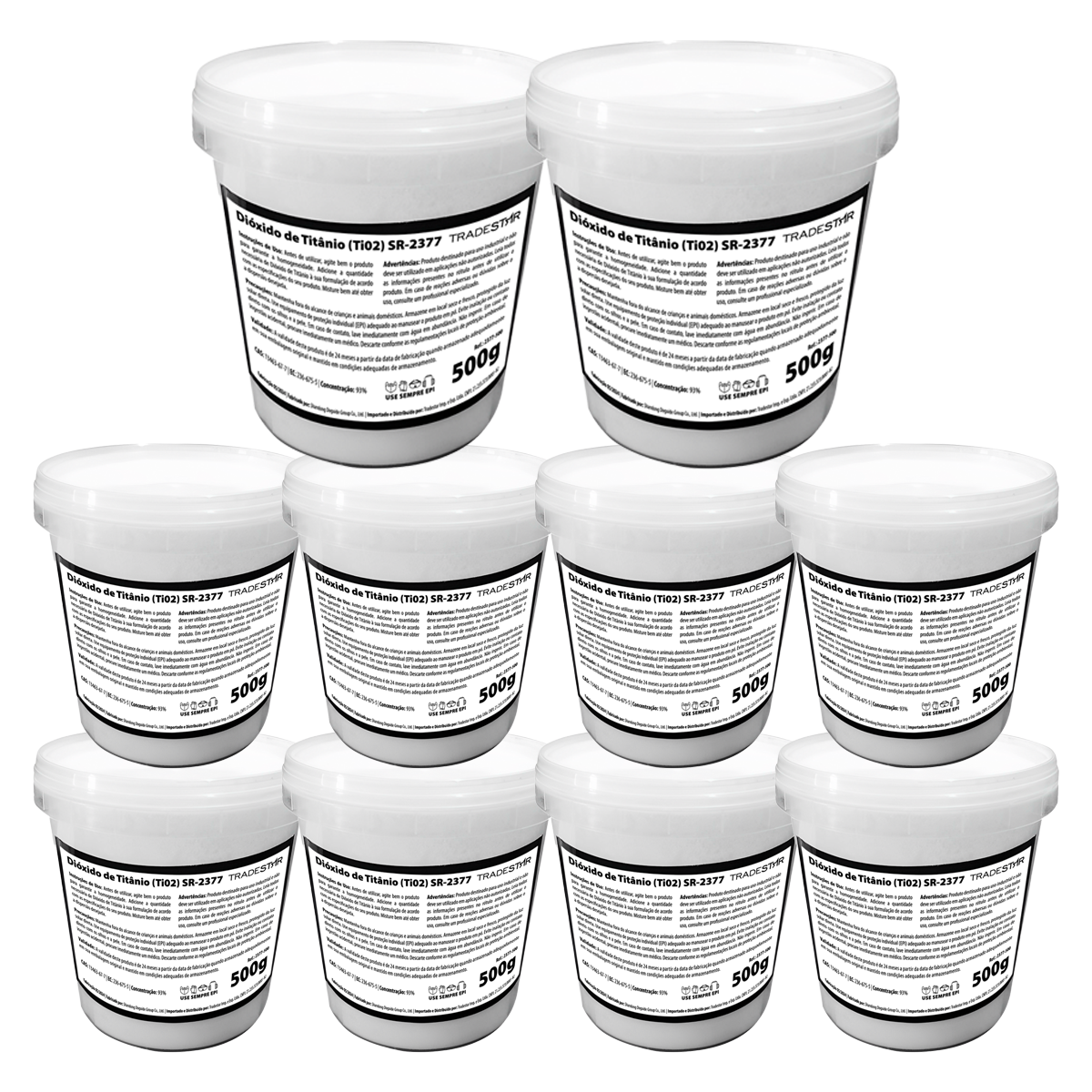 Dióxido de Titânio SR-2377 Pigmento Branco 5Kg Rutilo - Conjunto com 10 potes de 500g cada, ideal para uso em tintas, cosméticos e artesanato. Pigmento mineral de alta qualidade, proporcionando brilho, opacidade e melhorando a consistência. Produto original, novo e com garantia.