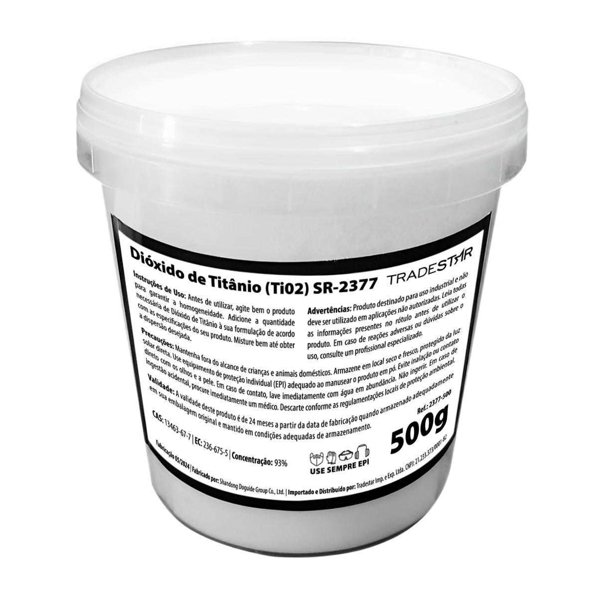 Dióxido de Titânio SR-2377 Pigmento Branco 5Kg Rutilo em pote de 500g. Pigmento mineral de alta qualidade para uso em tintas, cosméticos e alimentos. Ideal para conferir brilho, opacidade e melhorar a consistência. Produto original, novo e com garantia. Imagem ilustrativa.