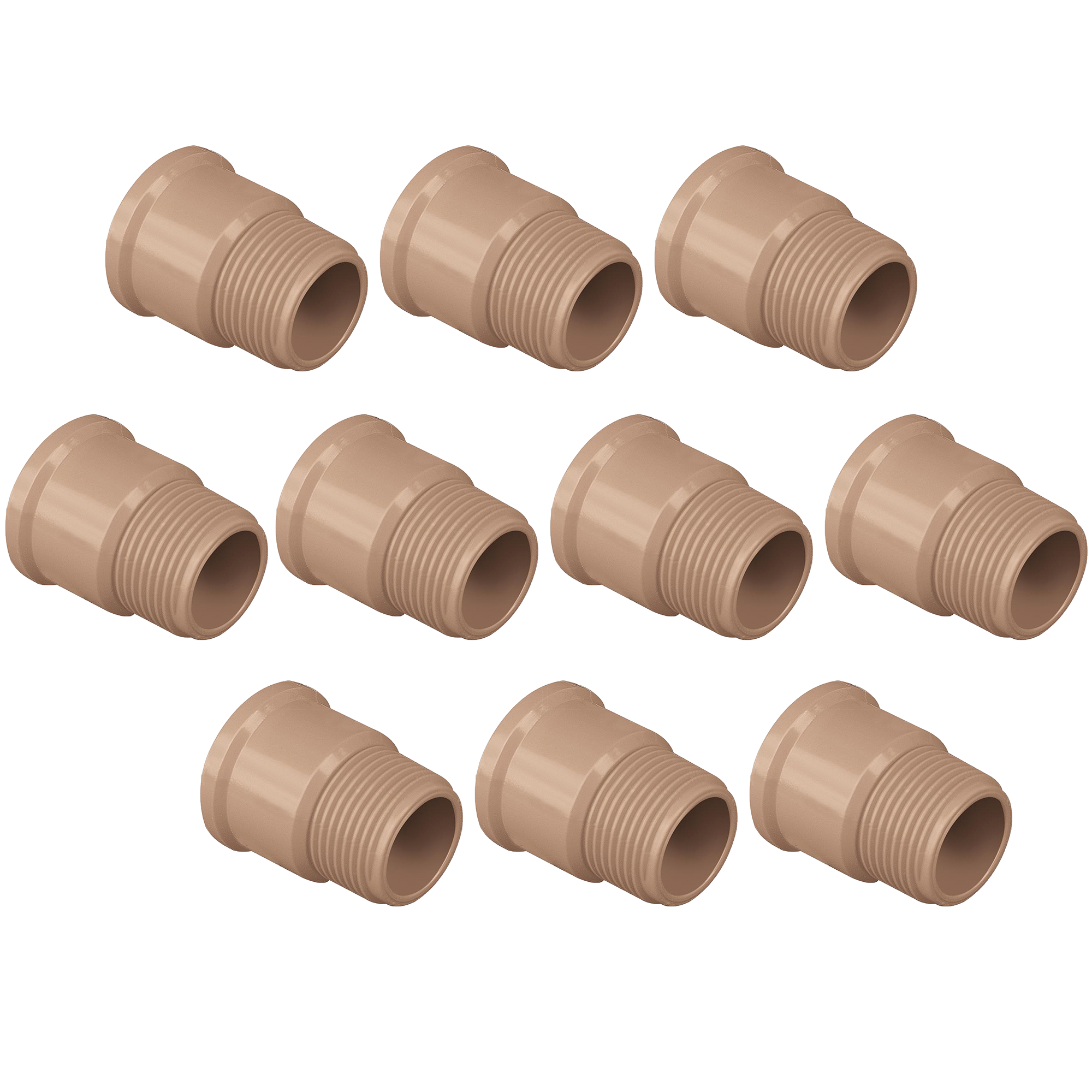 Kit com 10 adaptadores curtos soldáveis de 25mm x 3/4" para caixa d'água. Conexão hidráulica em PVC, ideal para instalações seguras e eficientes. Produto Akato, resistente e fácil de usar. Kit com 10 unidades, perfeito para projetos de encanamento.