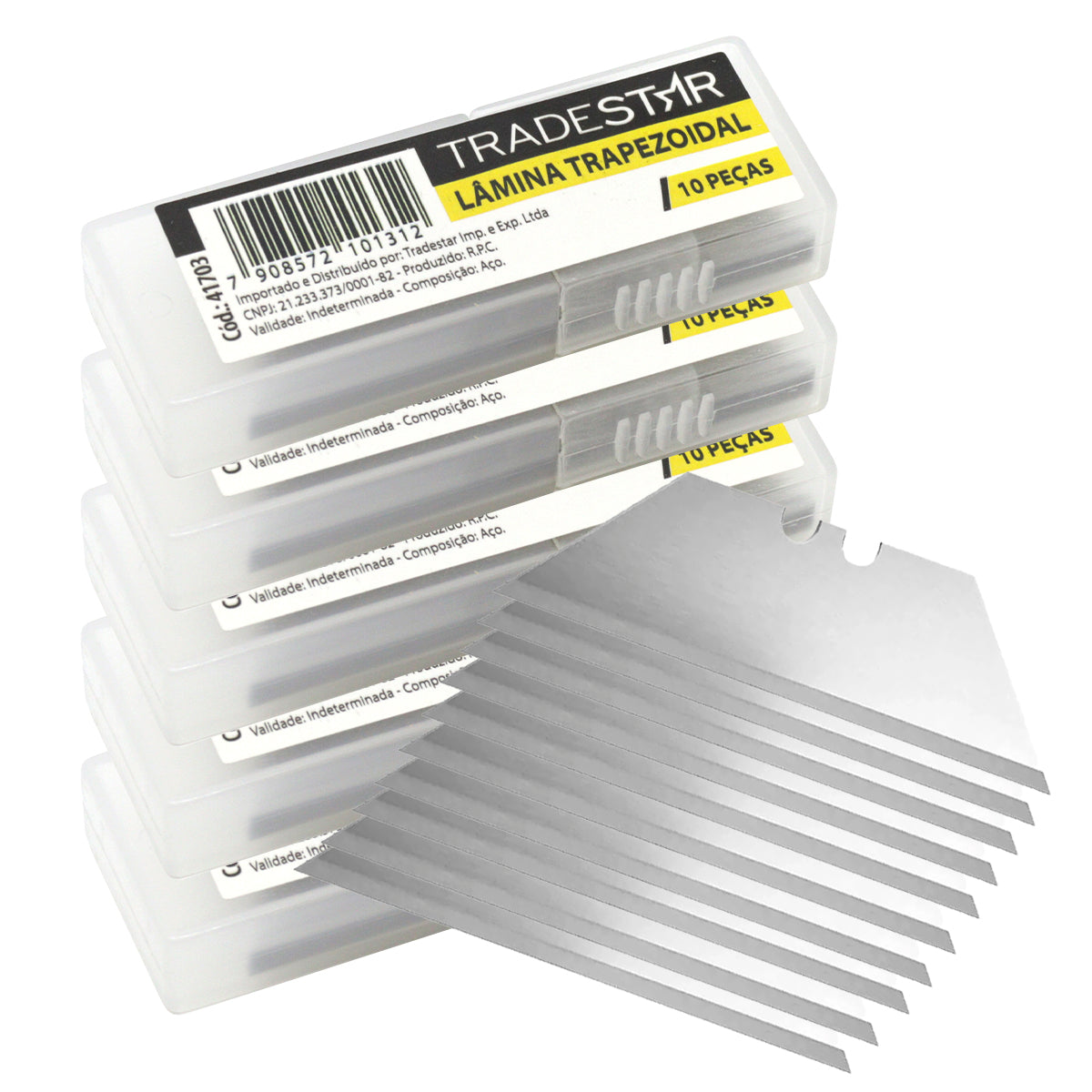 Kit com 50 lâminas bimetálicas afiadas Tradestar de 18mm para estilete trapezoidal, ideal para cortes precisos em diversos materiais como plástico, carpete, couro, madeira, tecidos e papel. Lâminas de aço, duráveis e seguras, compatíveis com estiletes trapezoidais.