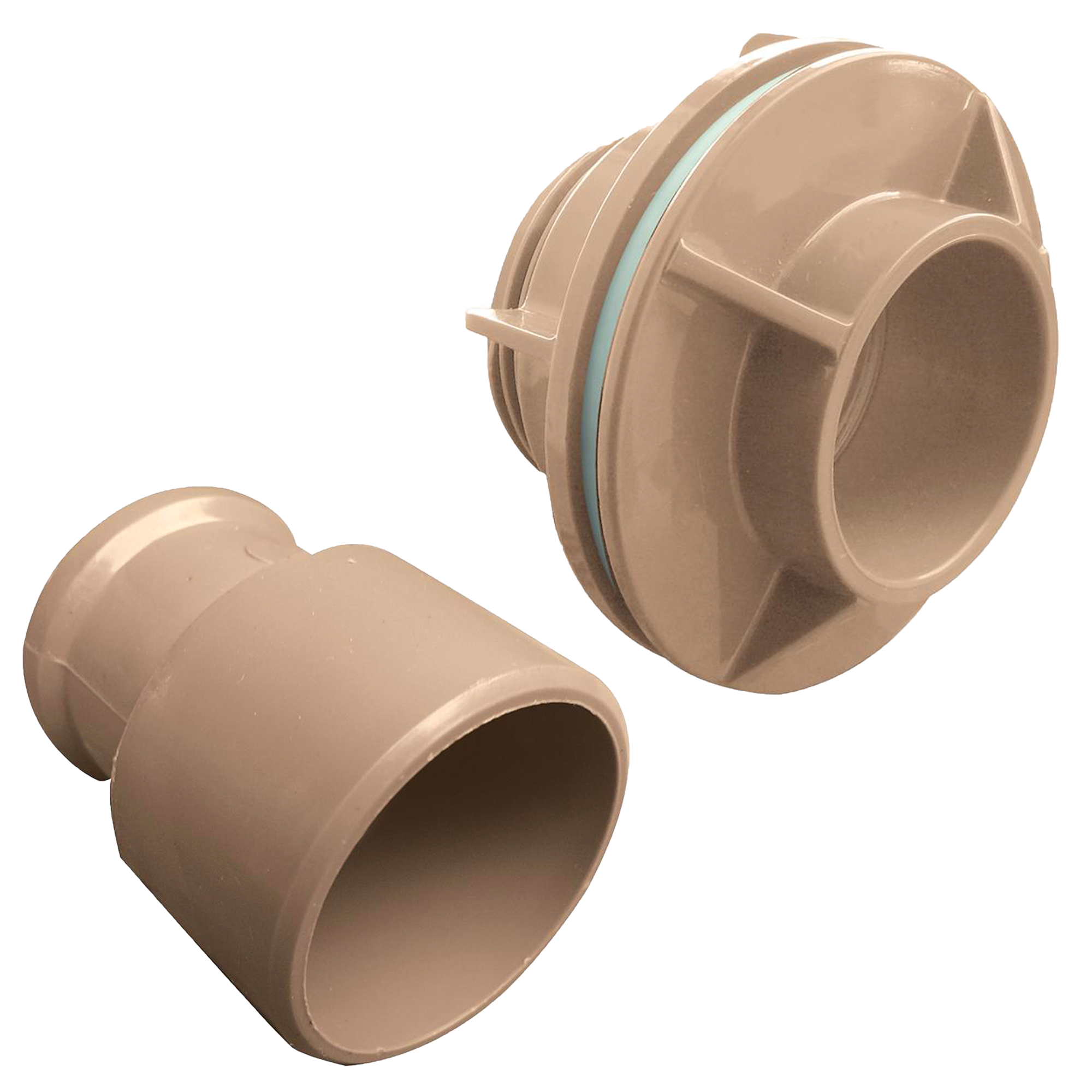 Kit Adaptador Flange 50mm e Bucha de Redução 50x25mm PVC marrom para instalações hidráulicas. Conexão segura e sem vazamentos, ideal para redução de diâmetros. Marca Akato.