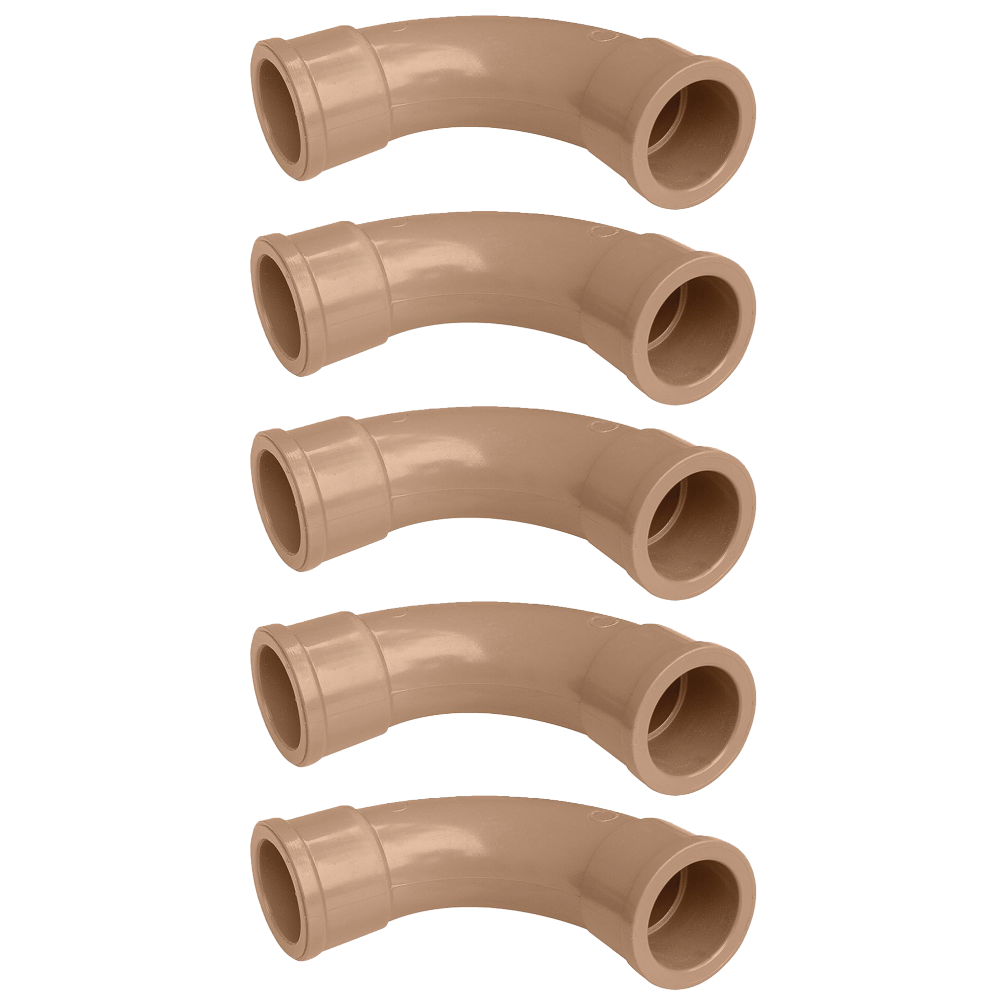 Kit com 5 curvas de 90º curtas soldáveis de 50mm Akato, ideal para instalações hidráulicas. Peças de PVC duráveis e de alta qualidade para mudanças de direção em tubulações. Solução prática e eficiente para encanamentos.