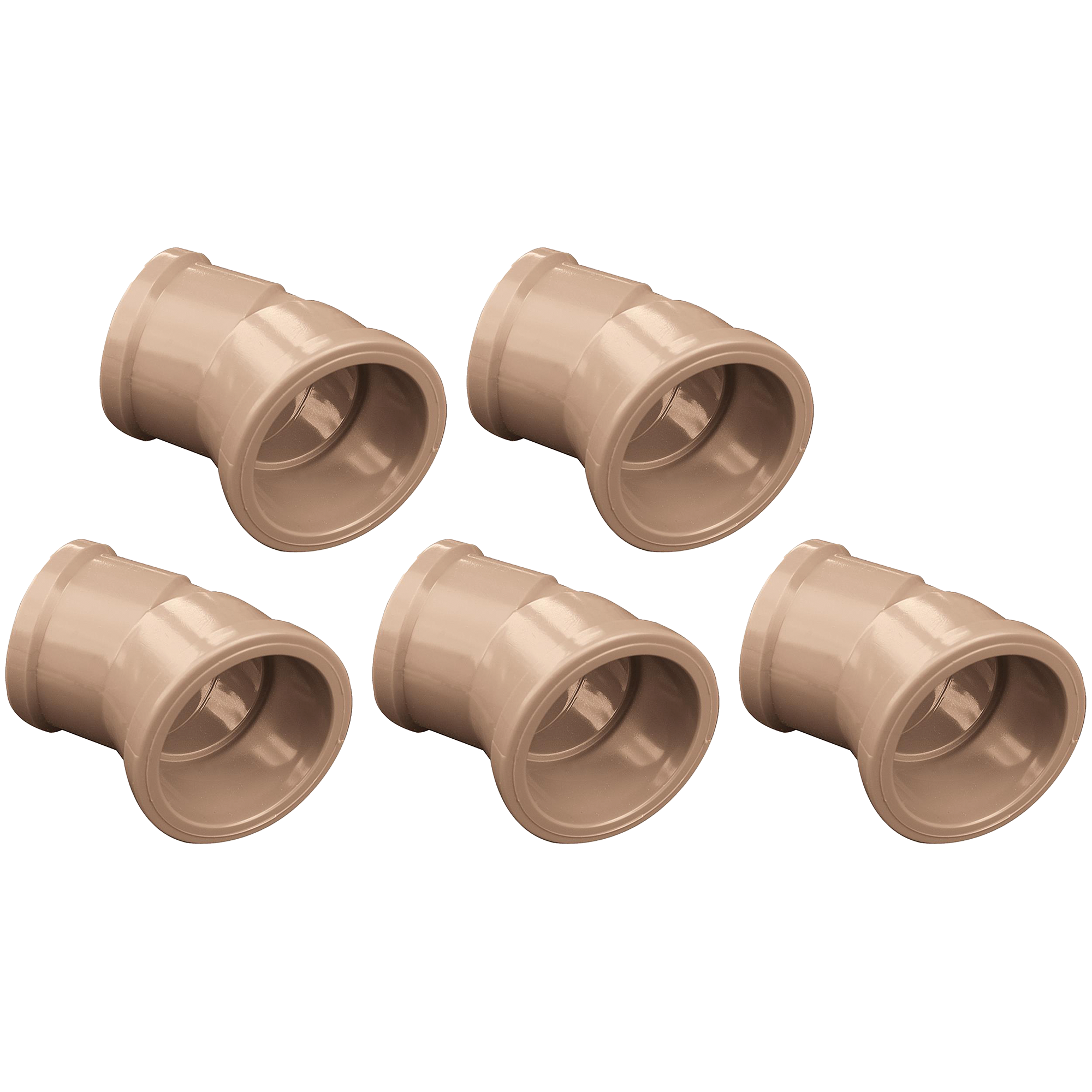 Kit com 5 joelhos 45º soldáveis de 50mm Akato para instalações hidráulicas. Peças de PVC marrom, ideais para mudanças de direção em tubulações. Kit com 5 unidades, pronta entrega e garantia.