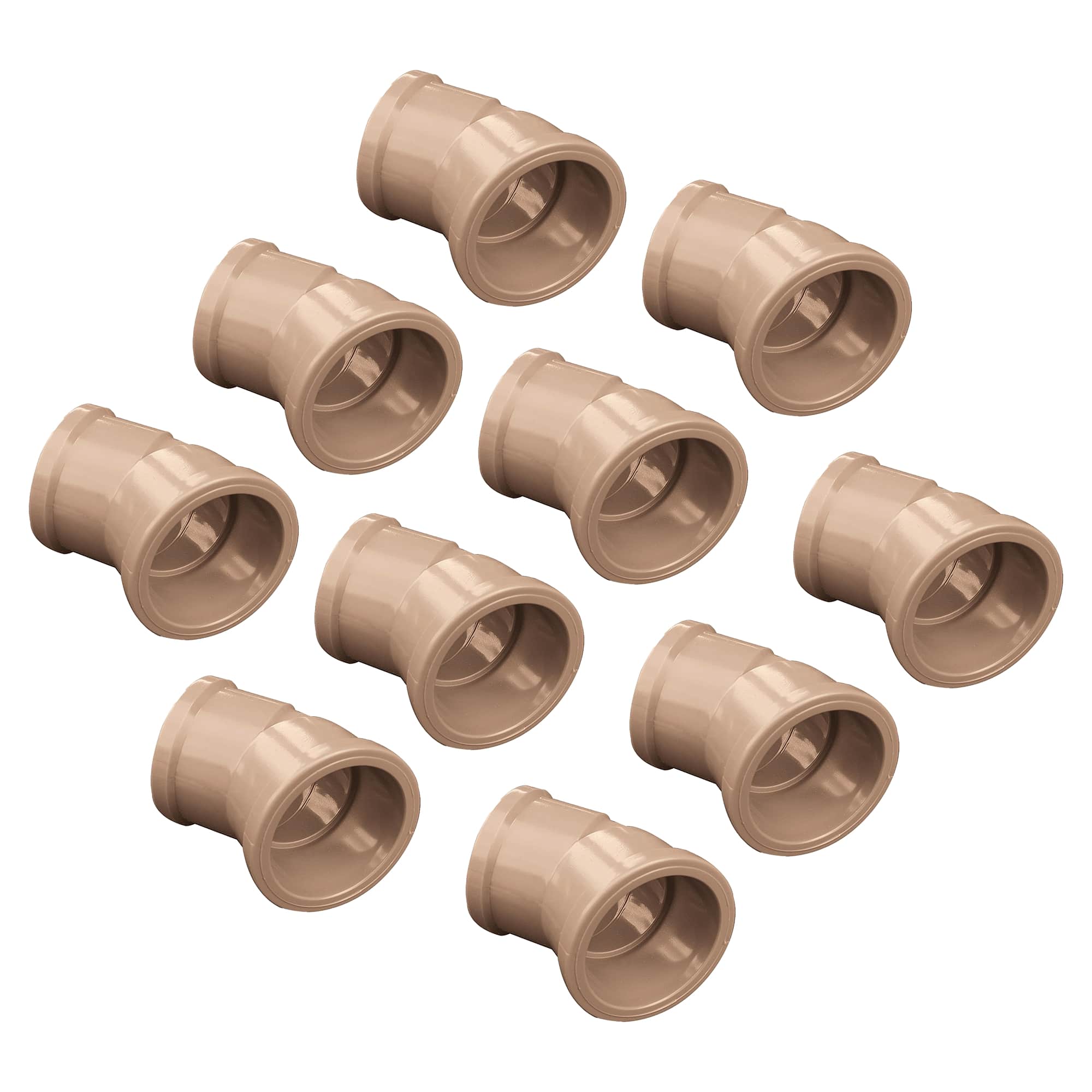 Kit com 10 joelhos de 45º soldáveis de 50mm da Akato, peças de PVC para instalações hidráulicas. Ideal para mudanças de direção em tubulações, oferecendo durabilidade e fácil instalação. Perfeito para projetos de encanamento e construção.