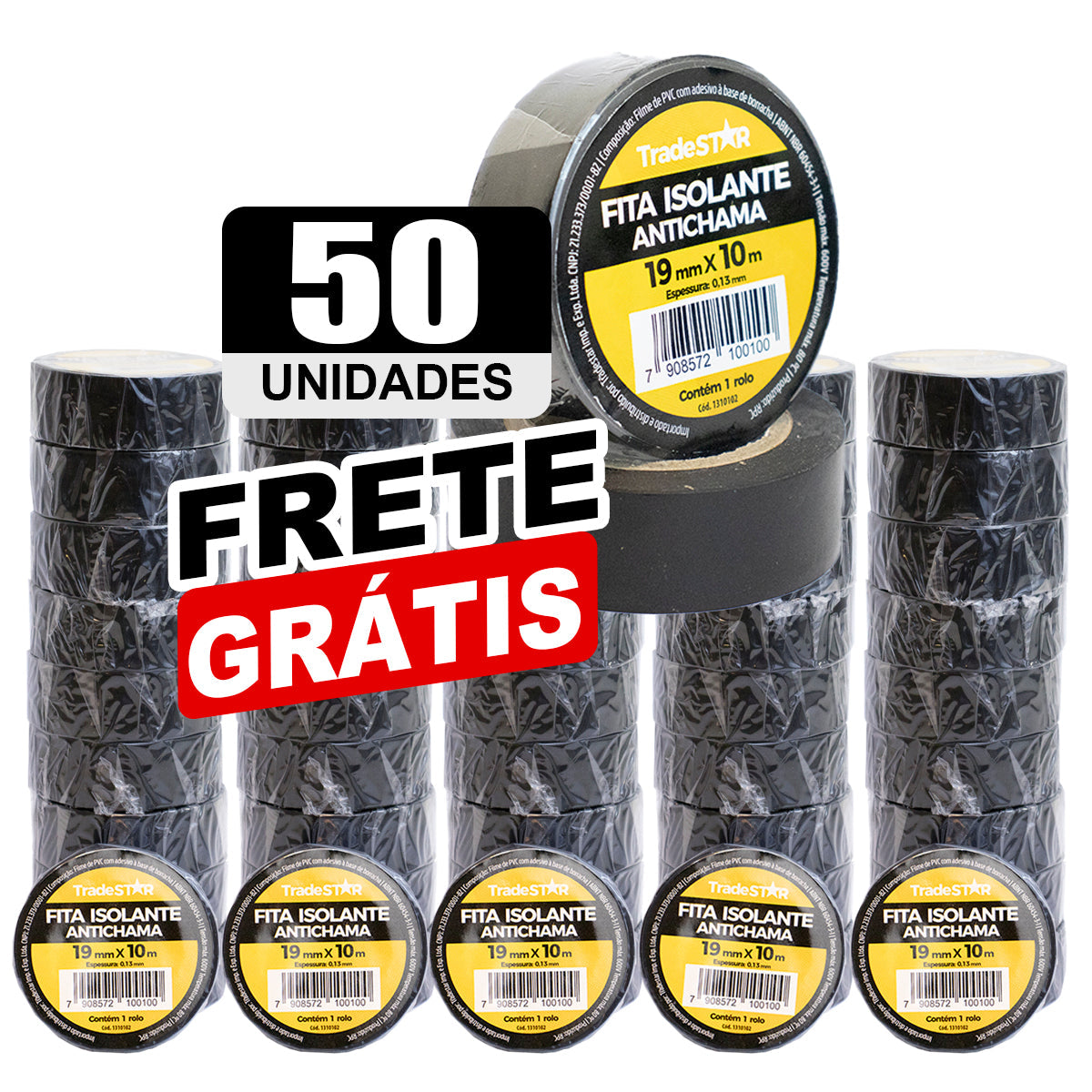 Kit com 50 rolos de fita isolante PVC preta antichama Tradestar 19mm x 10m, ideal para isolamento elétrico, proteção de fios e cabos. Frete grátis.