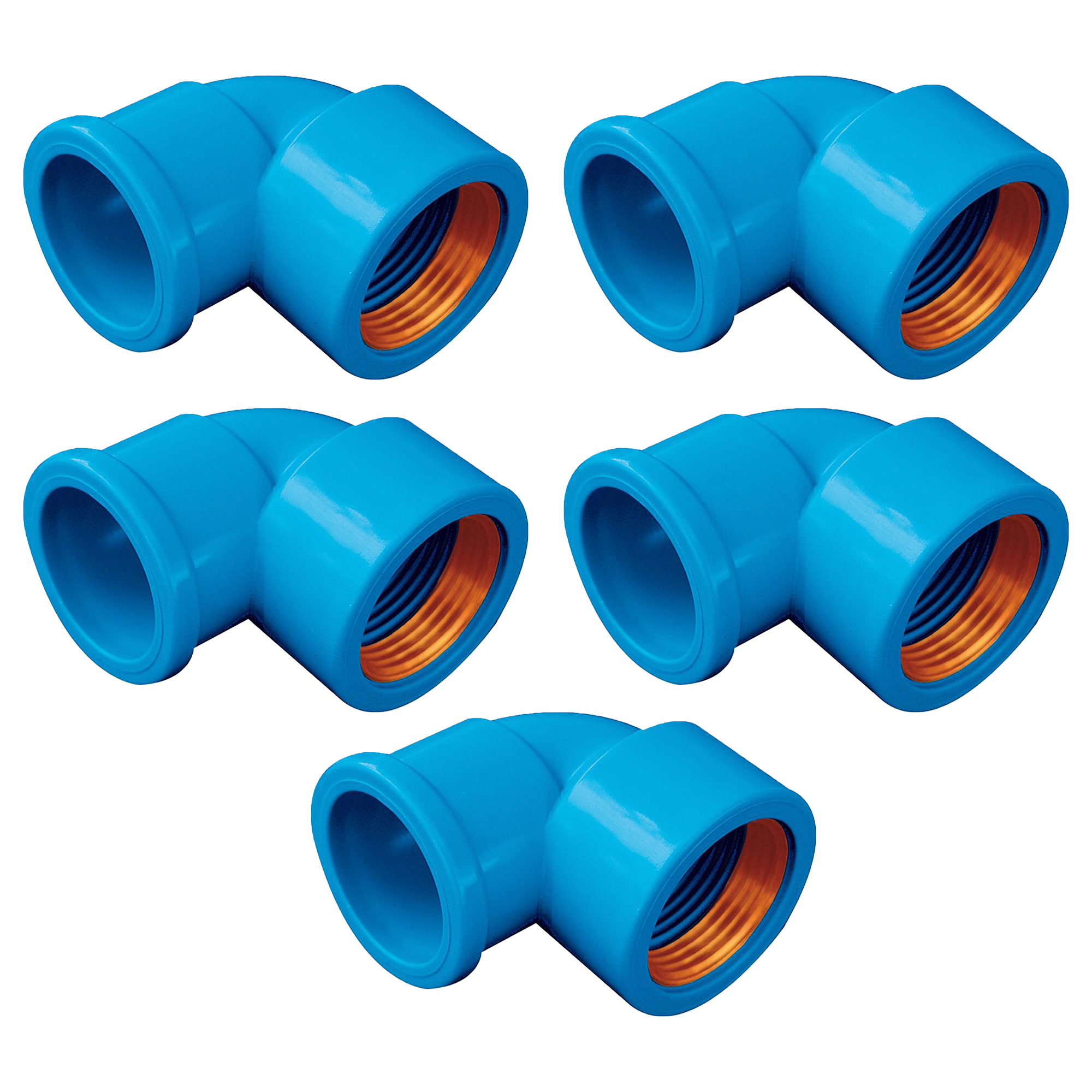 Kit com 5 joelhos 90º soldável/roscável com bucha de latão, 25mm x 1/2, na cor azul. Ideal para instalações hidráulicas, proporcionando conexões seguras e eficientes em ângulos retos. Produto Akato, com garantia e envio imediato.