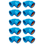 Kit com 10 joelhos de 90 graus soldáveis/roscáveis com bucha de latão, 25mm x 3/4, na cor azul, ideal para instalações hidráulicas. Conexão segura e eficiente para tubos em ângulos retos.
