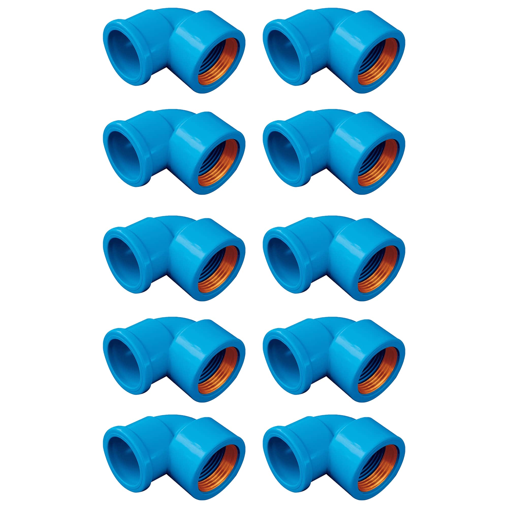 Kit com 10 joelhos de 90 graus soldáveis/roscáveis com bucha de latão, 25mm x 3/4, na cor azul, ideal para instalações hidráulicas. Conexão segura e eficiente para tubos em ângulos retos.
