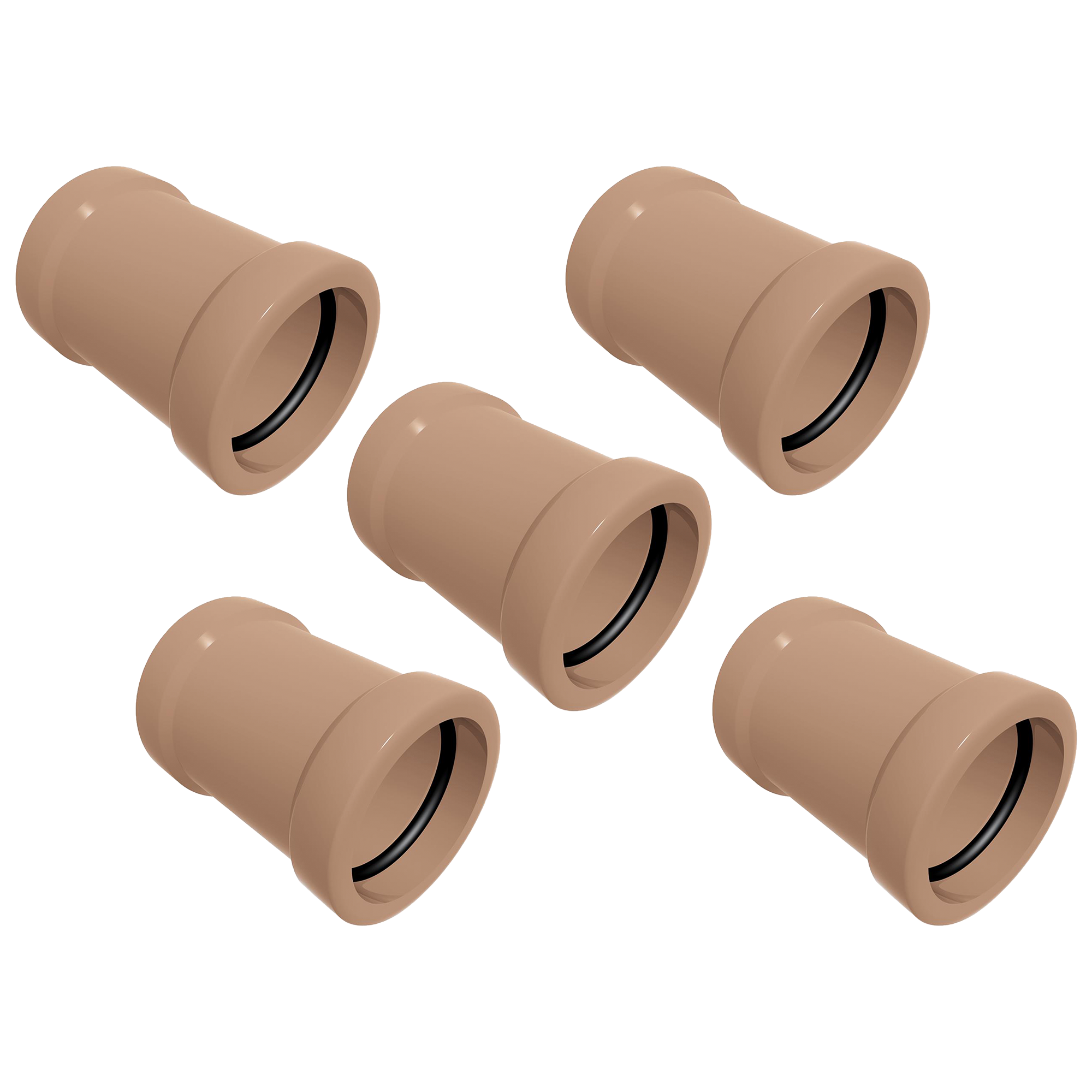 Kit com 5 Luvas de Correr Soldável 25mm Akato para instalações hidráulicas. Conexões de PVC na cor bege, ideais para emendas e reparos em tubulações de água. Produto original, com garantia e envio imediato.