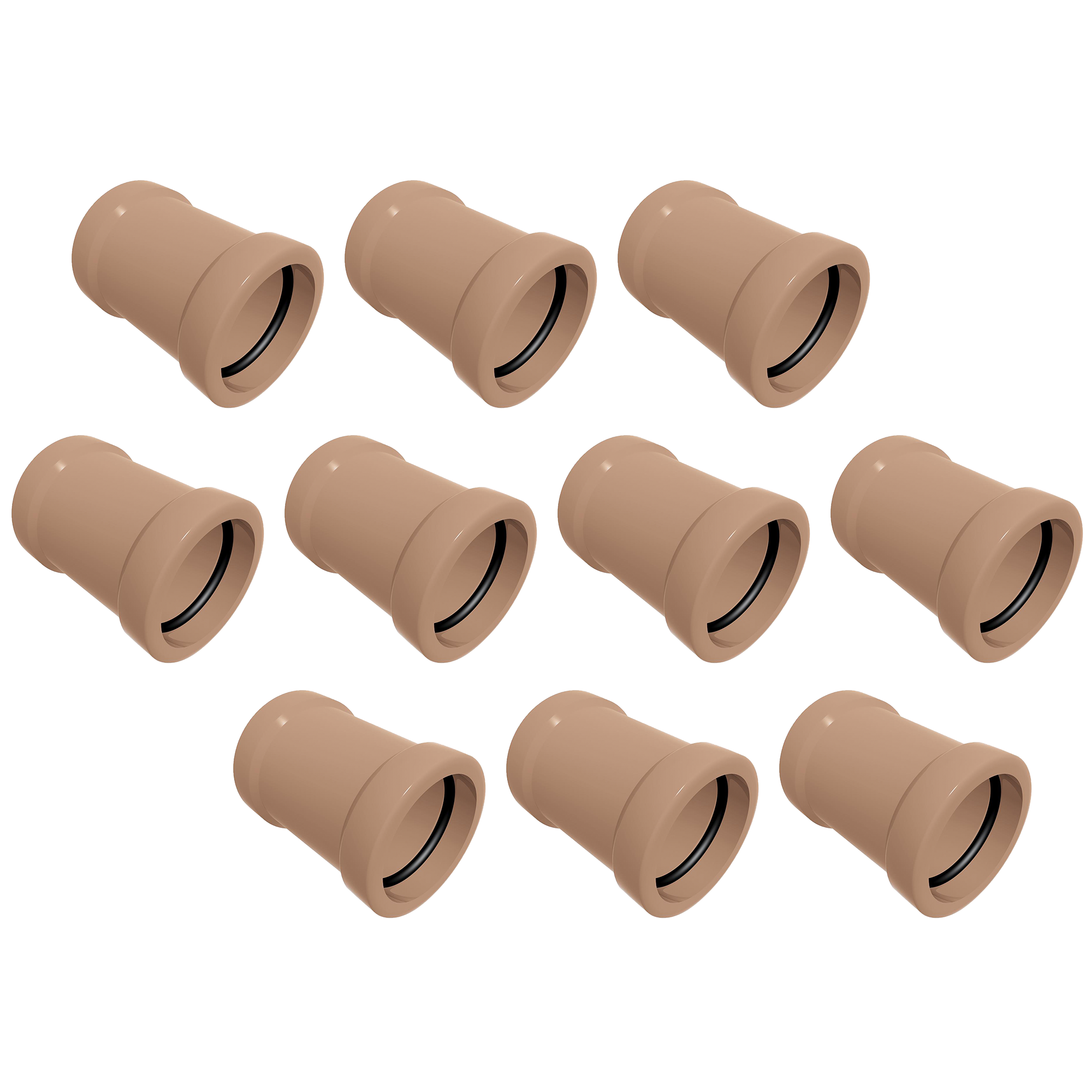 Kit com 10 Luvas de Correr Soldável 25mm Akato. Conexões de PVC marrom para tubulações, ideais para instalações hidráulicas. Facilidade na conexão e desconexão de tubos, garantindo vedação e durabilidade. Ideal para projetos de construção e reforma.