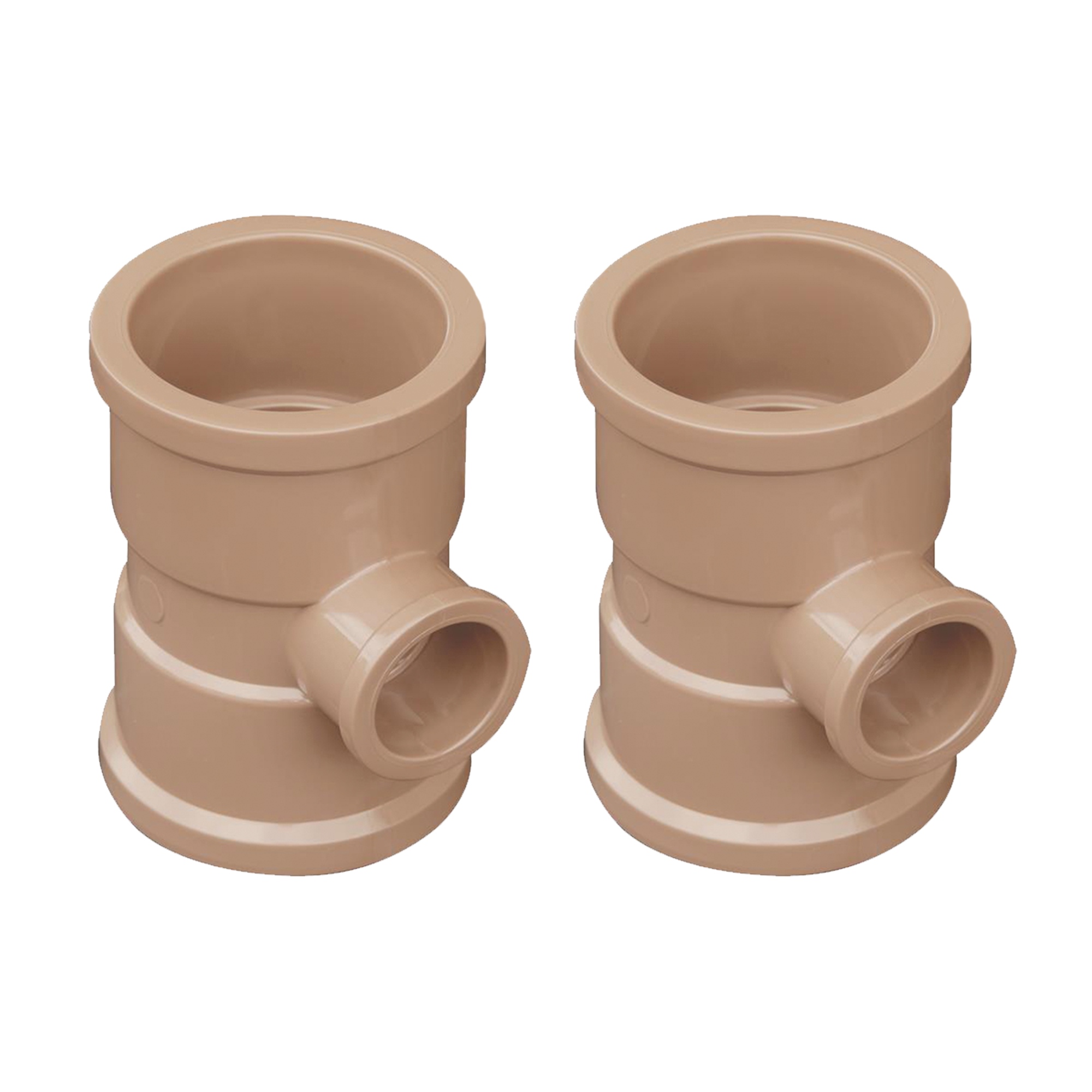 Kit com 2 Tês de Redução 90º Soldável 50x25mm Akato - Conexão em PVC para tubos de diferentes diâmetros, ideal para instalações hidráulicas. Garante conexões seguras e eficientes em ângulos retos. Kit com duas unidades, envio imediato.