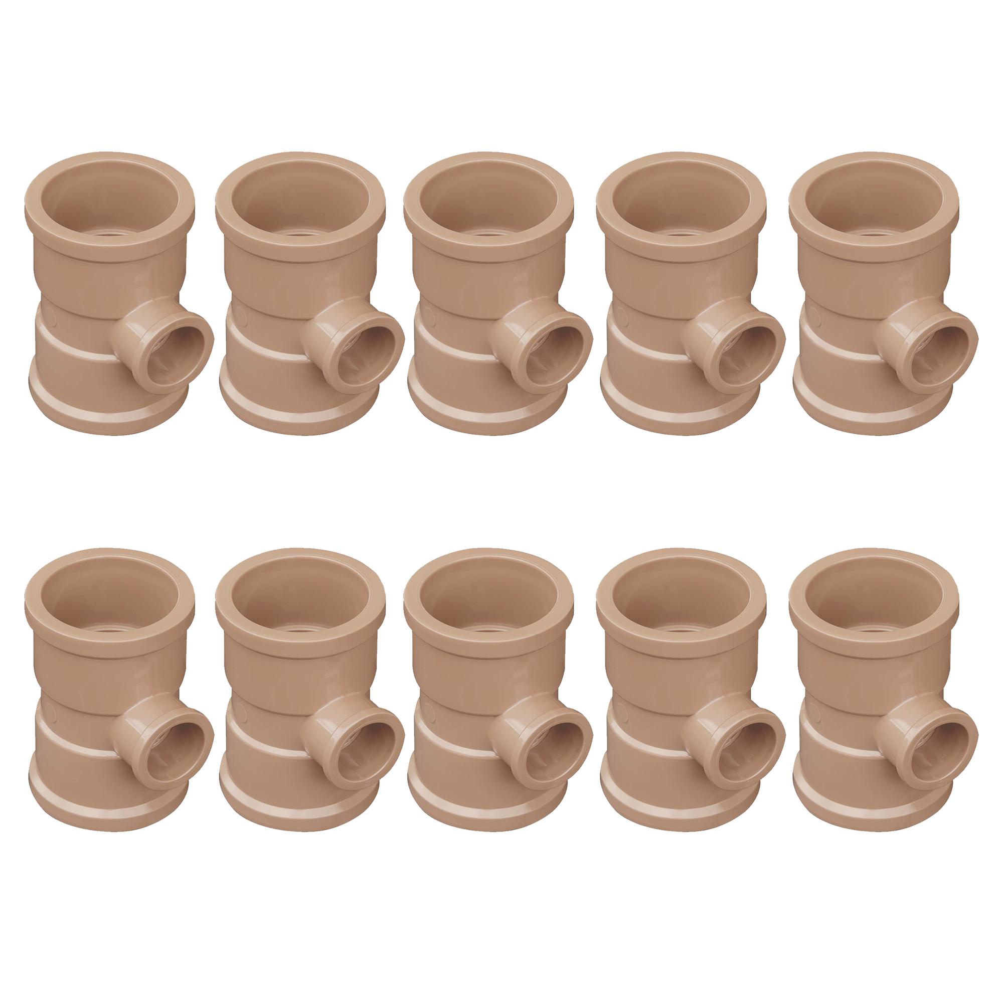Kit com 10 Tê de Redução 90º Soldável 50x25mm Akato - Conexão PVC para tubos de diferentes diâmetros, ideal para instalações hidráulicas. Garante conexões seguras e sem vazamentos. Kit com 10 unidades, pronto para instalação.