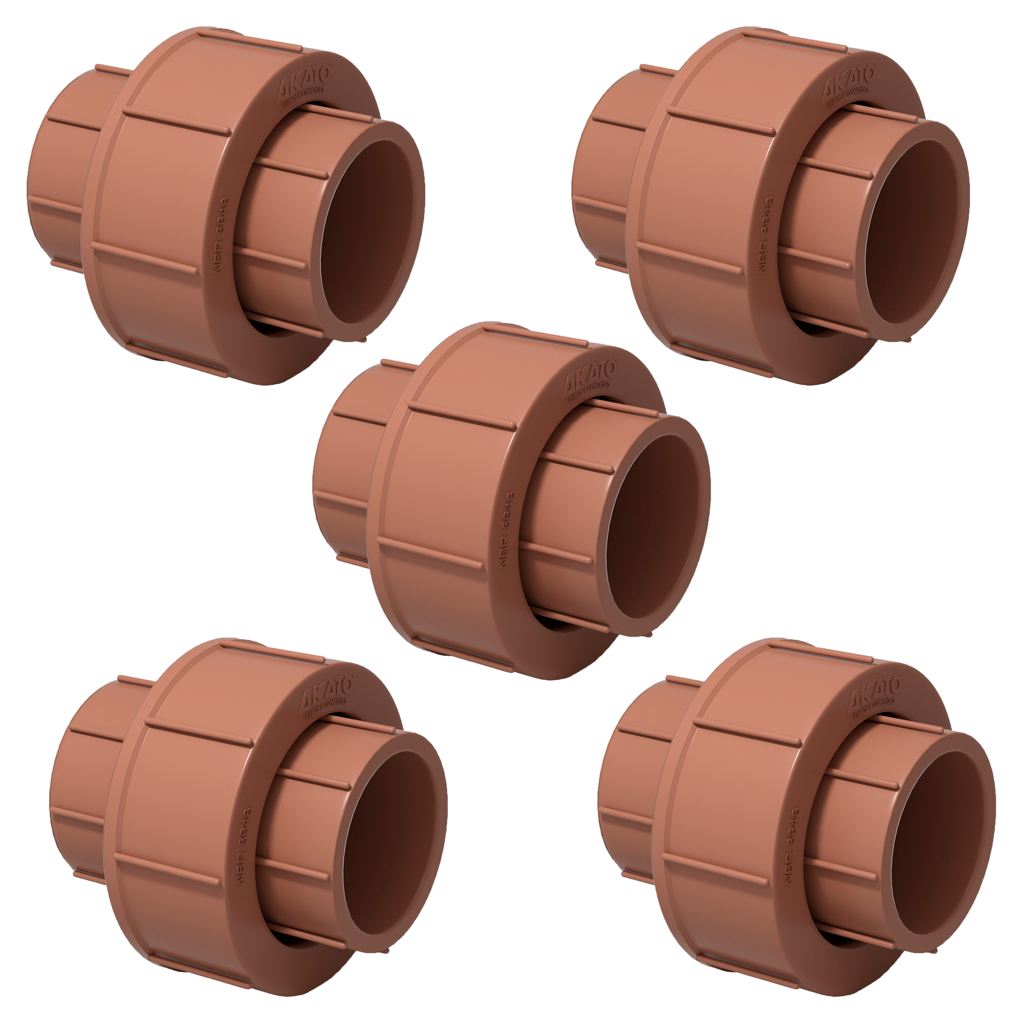 Kit com 5 uniões soldáveis 50mm Akato para tubos de PVC. Conexão segura e eficiente para instalações hidráulicas. Produto original, novo e com garantia. Ideal para projetos de construção e reforma.