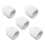 Kit com 5 plugs roscáveis 1/2" Akato brancos, ideais para vedação em instalações hidráulicas. Conexões roscadas em PVC, garantindo segurança e facilidade na instalação. Perfeito para tubulações de água.