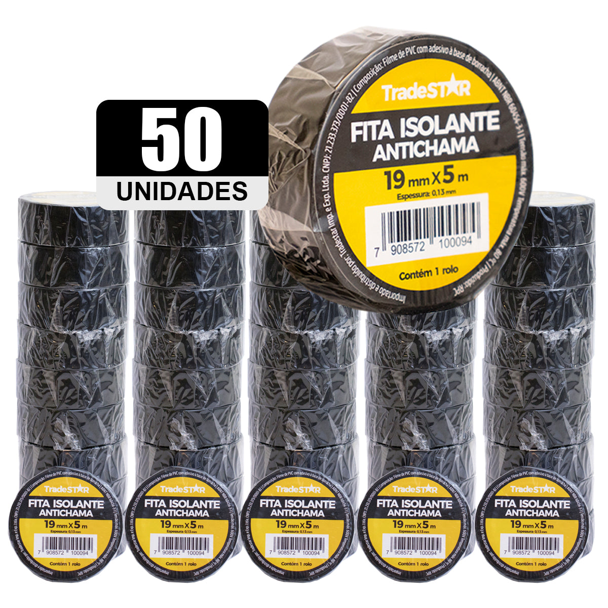 Kit com 50 rolos de fita isolante antichama preta Tradestar, 19mm x 5m, ideal para isolamento elétrico, proteção de fios e cabos, e organização. Fita de PVC de alta resistência, suporta até 600V e 80°C. Perfeita para uso em projetos elétricos e DIY.