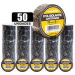 Kit com 50 rolos de fita isolante antichama preta Tradestar, 19mm x 5m, ideal para isolamento elétrico, proteção de fios e cabos, e organização. Fita de PVC de alta resistência, suporta até 600V e 80°C. Perfeita para uso em projetos elétricos e DIY.
