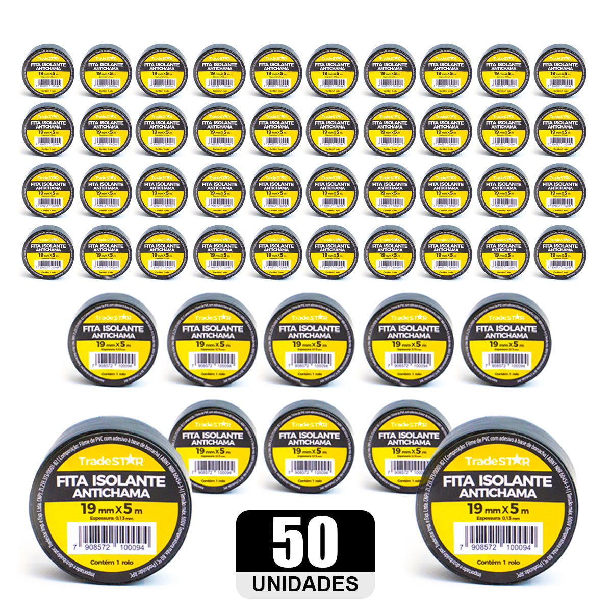 Kit com 50 rolos de fita isolante preta antichama Tradestar 19mm x 5m, ideal para isolamento elétrico, proteção de fios e cabos, e organização. Fita de PVC de alta resistência, suporta até 600V e 80°C. Perfeita para uso em projetos elétricos e DIY.